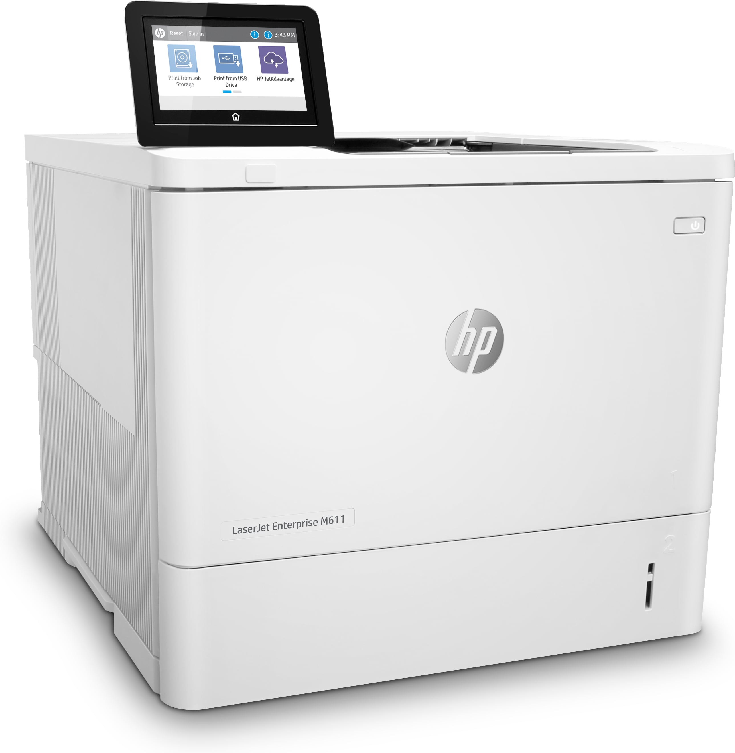 Ein weißer HP LaserJet-Drucker mit Touchscreen. Der Bildschirm zeigt Druckoptionen an. Das HP-Logo ist vorne.