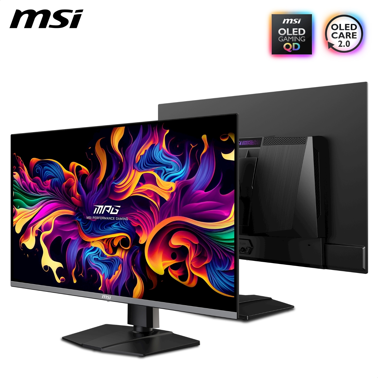 Monitor MSI gaming. Lo schermo mostra arte astratta colorata. Supporto e pannello posteriore neri. Loghi OLED e MSI visibili.