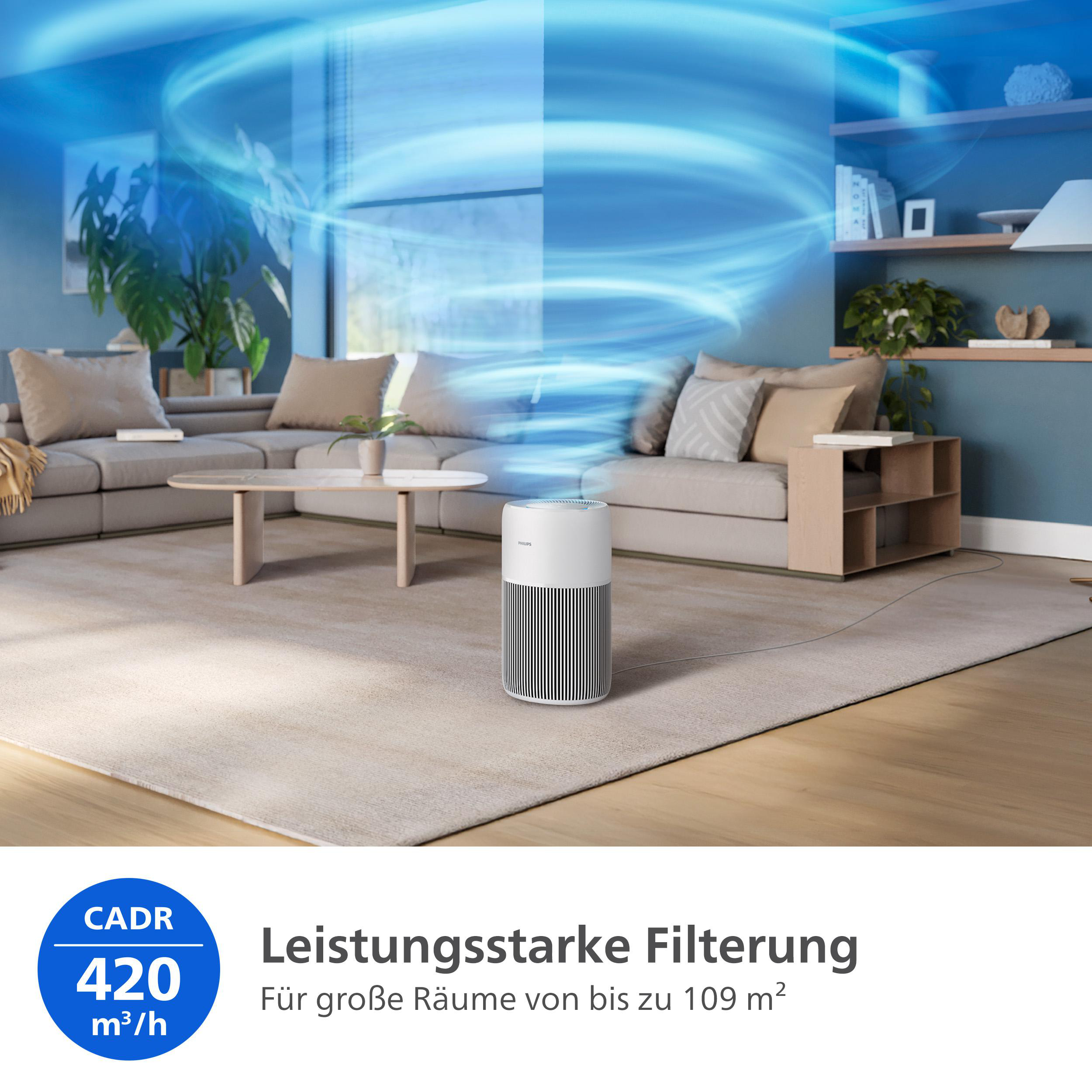 Luftreiniger im Wohnzimmer. Blauer Luftstromeffekt. Sofa, Couchtisch und Text zur Luftreinigung sind sichtbar.