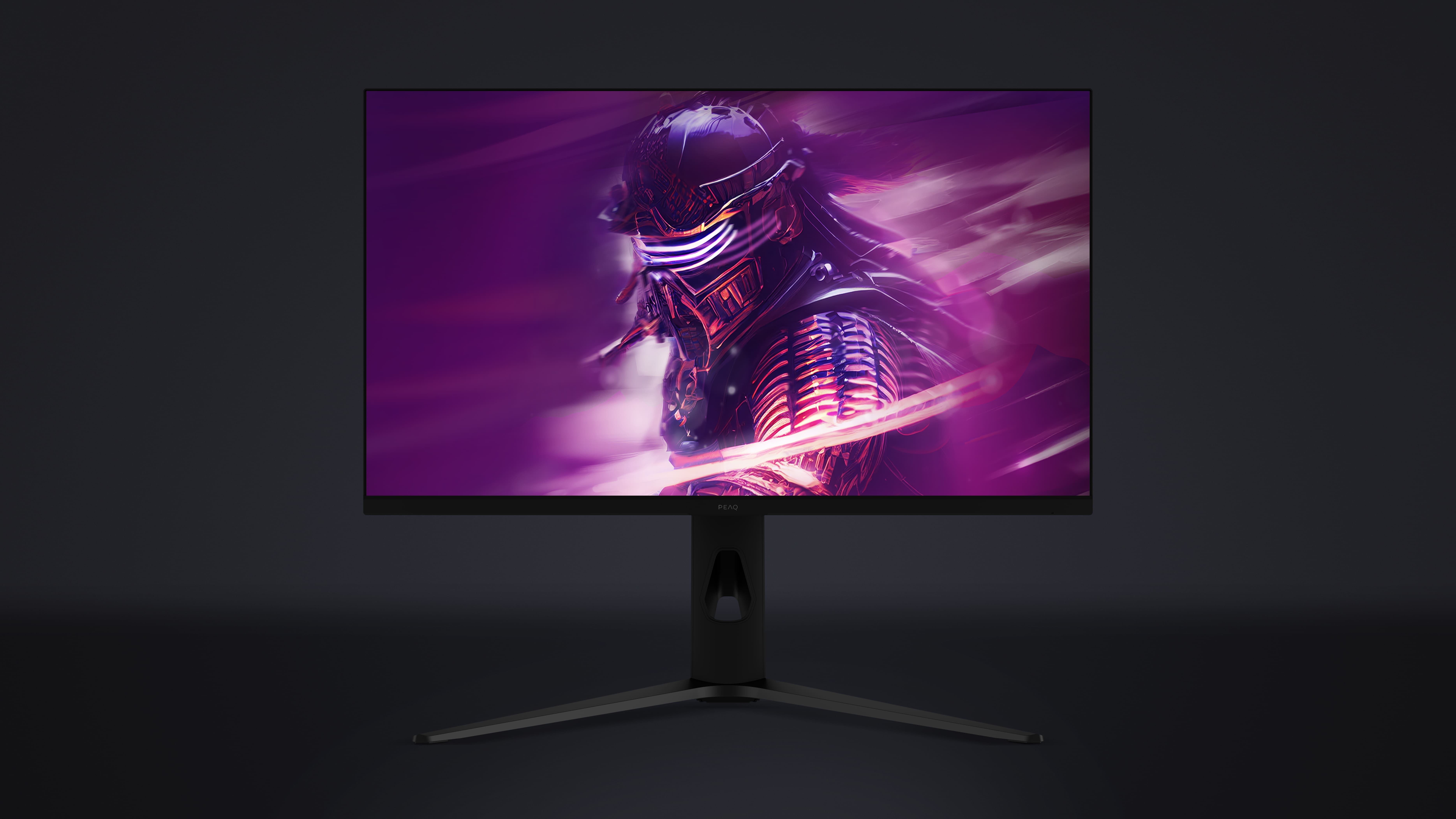 Ein Monitor zeigt ein digitales Kunstbild einer futuristischen Figur in Lila- und Rottönen auf dunklem Hintergrund.