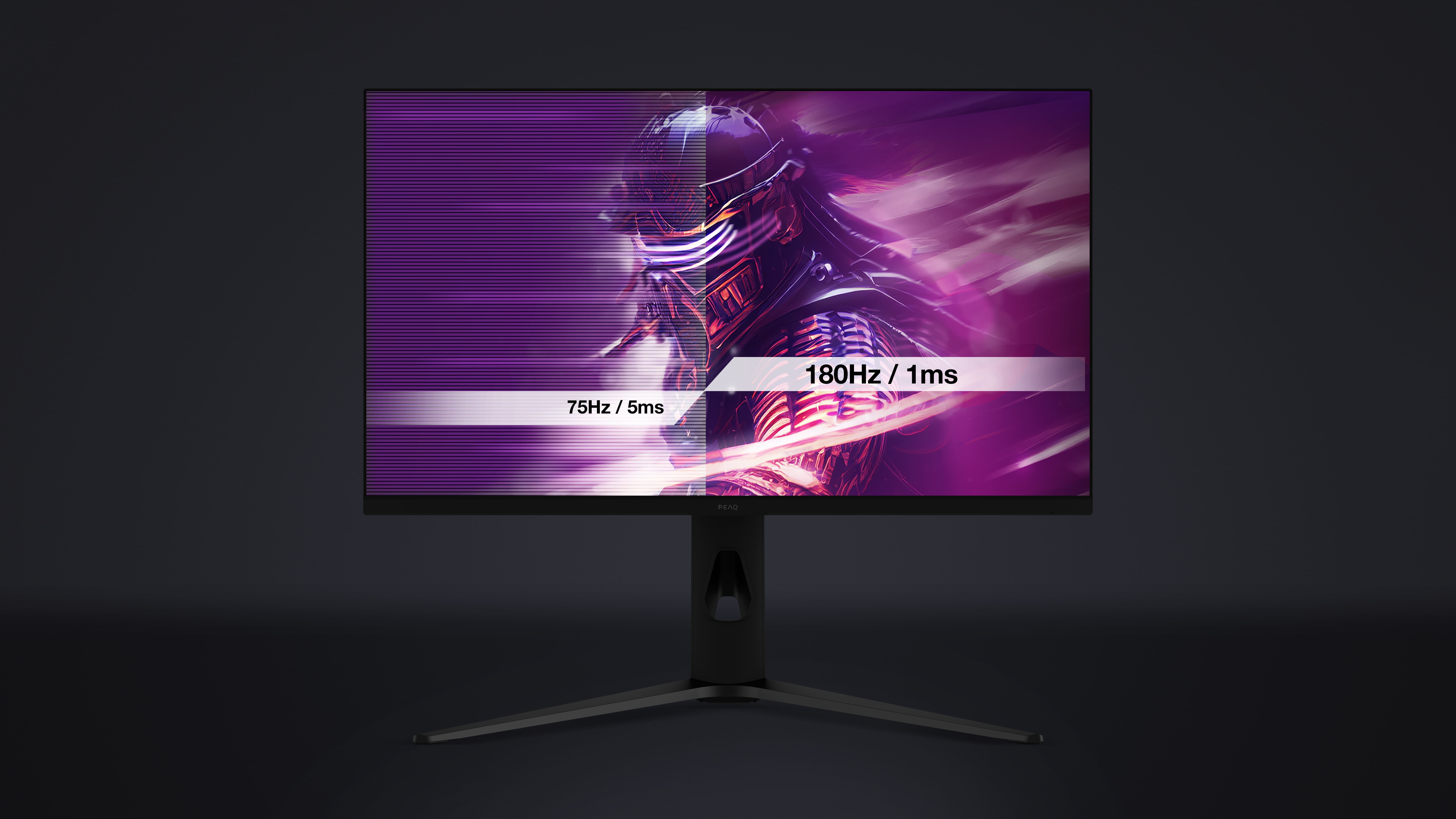 Monitor mit geteiltem Bildschirm, der lila abstrakte Kunst zeigt. Text zeigt 75Hz/5ms und 180Hz/1ms. Schwarzer Ständer auf dunklem Hintergrund.