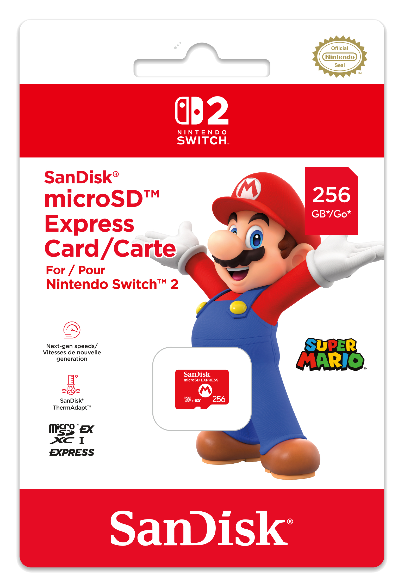 SanDisk microSD-Karte für Nintendo Switch mit Mario. Verfügt über 256 GB Kapazität. Rote, schwarze und weiße Verpackung.