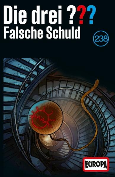 Buchcover: Wendeltreppe mit Lupe, die ein rotes Symbol zeigt. Titel: Die drei ??? Falsche Schuld (238).
