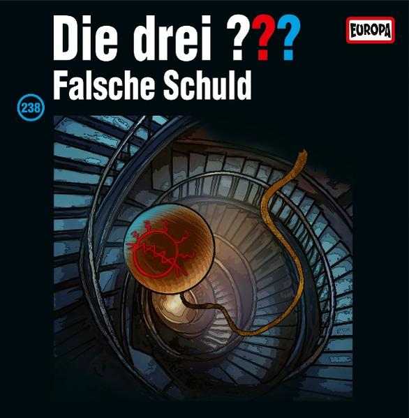 Cover für 'Die drei ??? Falsche Schuld'. Wendeltreppe, leuchtende Kugel mit rotem Symbol und ein schlängelndes, schlangenartiges Objekt.