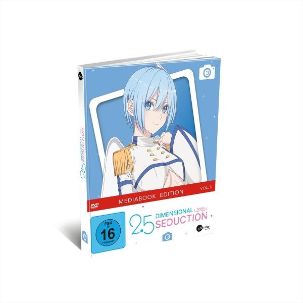 DVD-Box-Art mit Anime-Charakter mit blauen Haaren. Text enthält '2.5 Dimensional Seduction' und 'Vol. 3'. FSK 16-Rating.