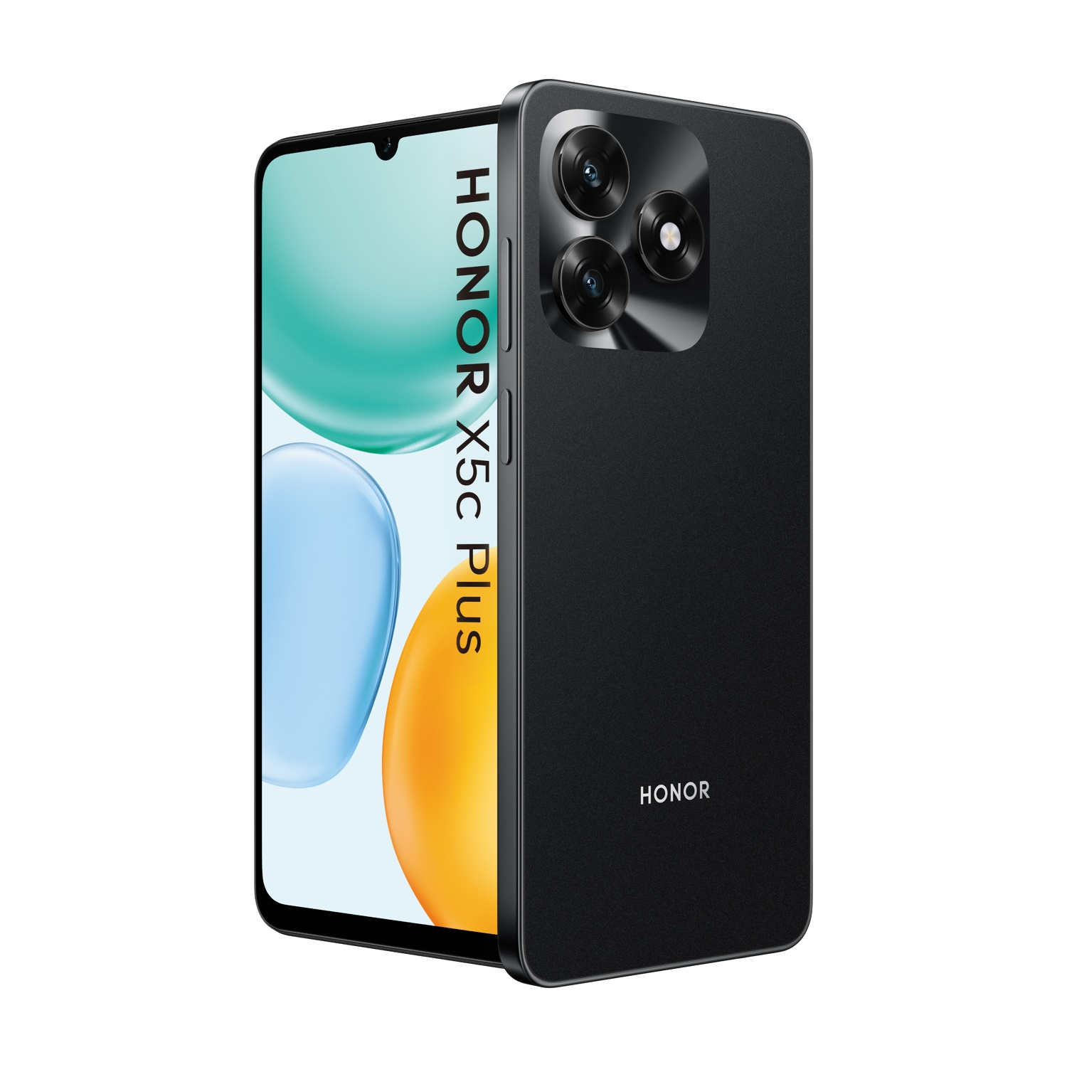 Smartphone Honor X5c Plus nero. Caratteristiche: tripla fotocamera, schermo curvo con sfondo colorato e marchio Honor.