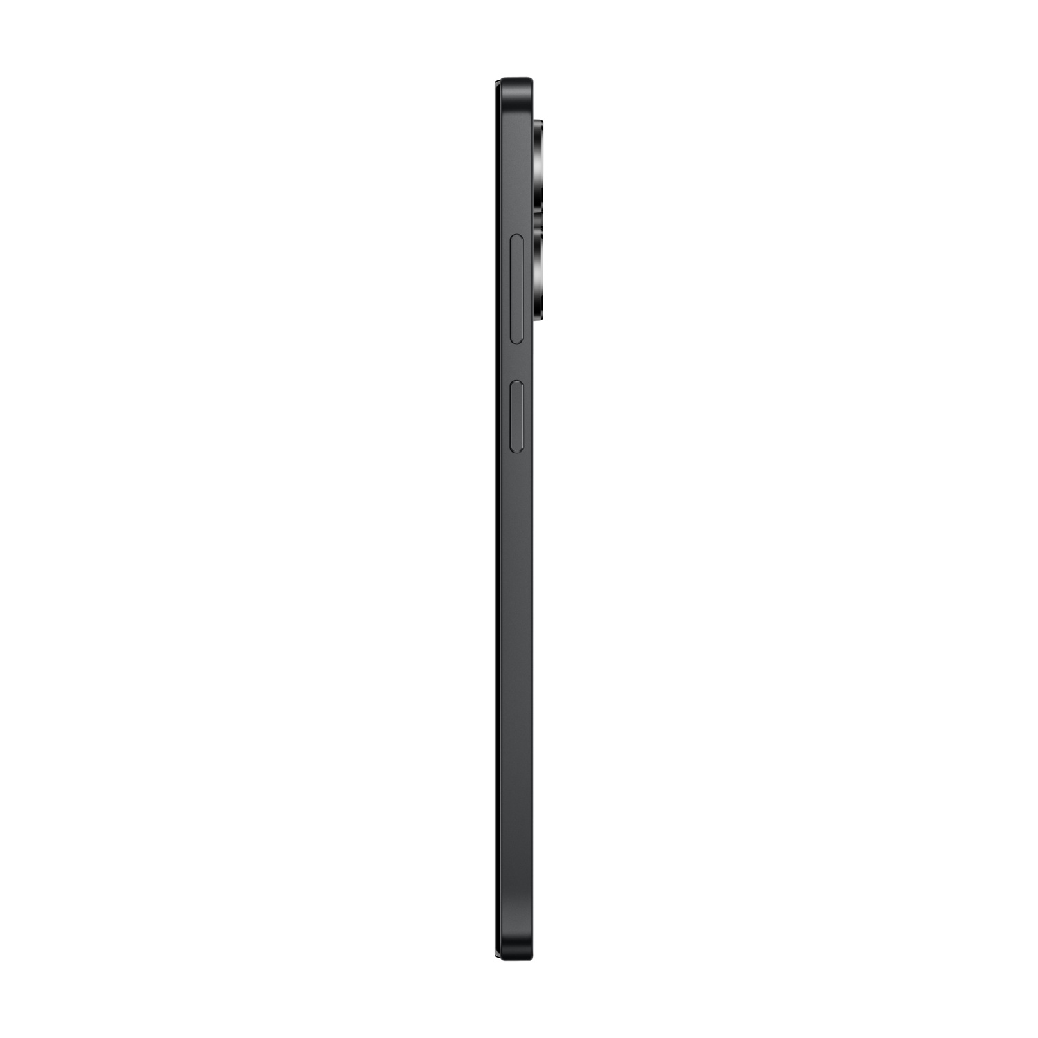 Vista laterale di uno smartphone nero. Il telefono ha un modulo fotocamera, pulsanti del volume e un pulsante di accensione.