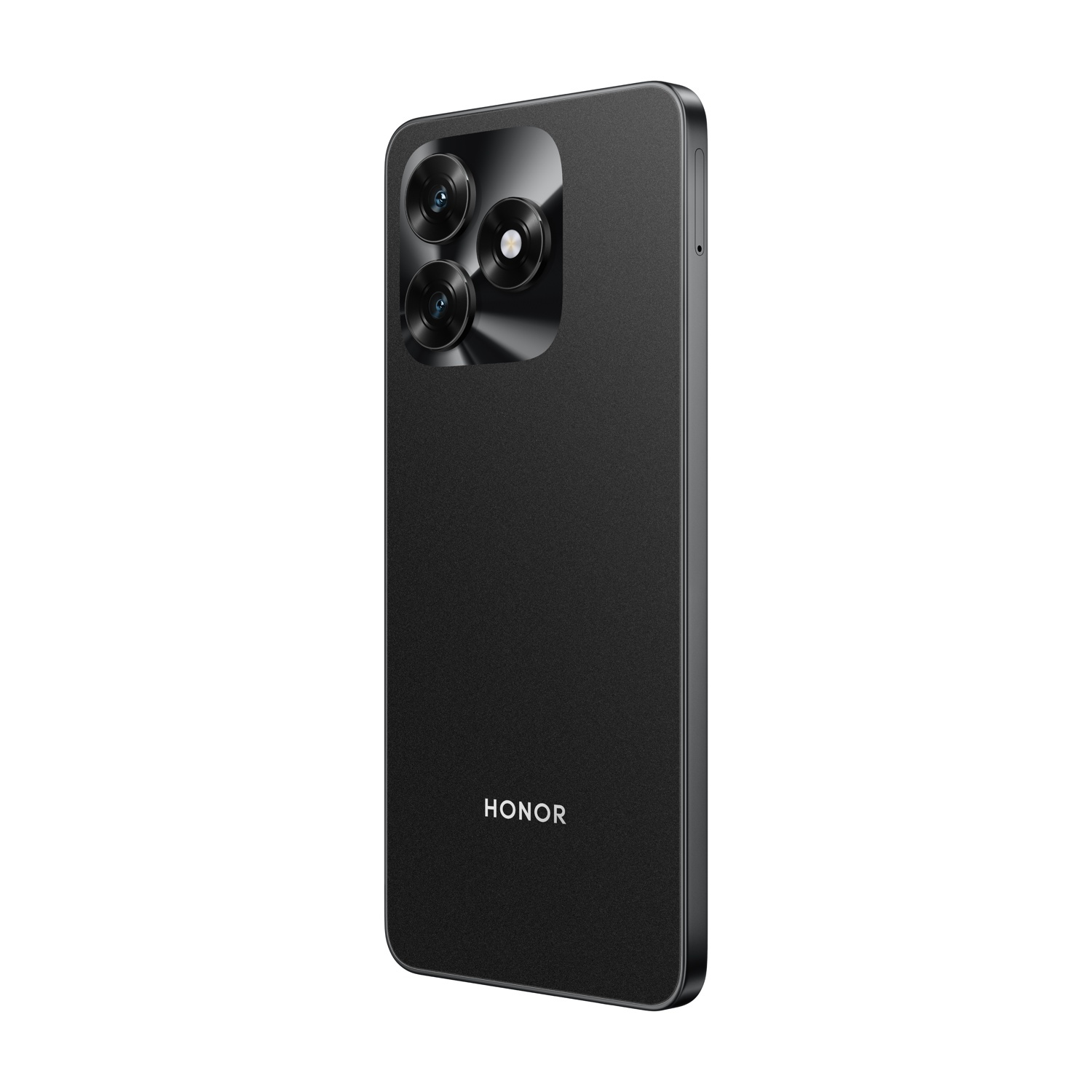 Uno smartphone nero con una fotocamera a tripla lente. Visibile il logo Honor. Il telefono è su sfondo bianco.