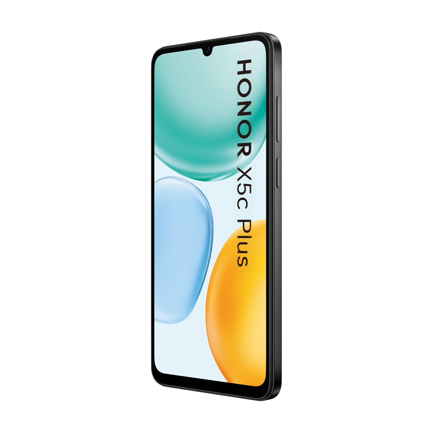 Uno smartphone nero con schermo che mostra forme colorate e la scritta 'HONOR X5c Plus'.