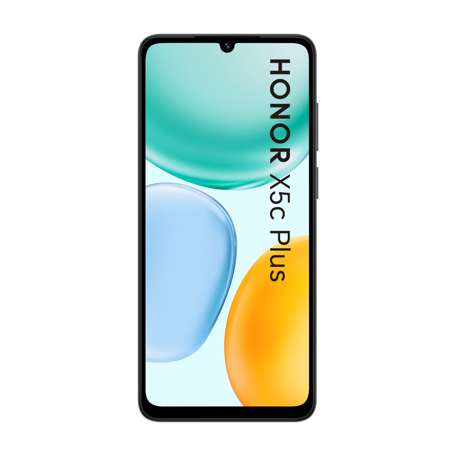 Uno smartphone con cornice nera e display colorato con forme blu, verdi e arancioni. Il nome del telefono è HONOR X5c Plus.