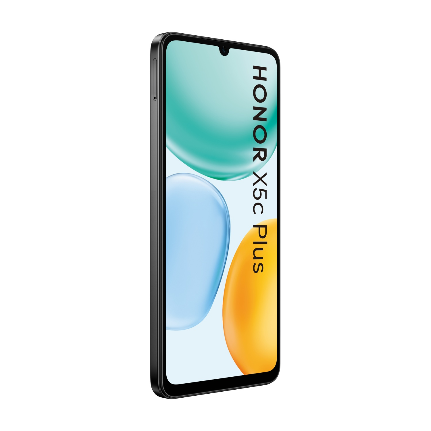 Uno smartphone Honor X5c Plus nero con schermo curvo che mostra forme astratte turchesi, blu e gialle su sfondo bianco.