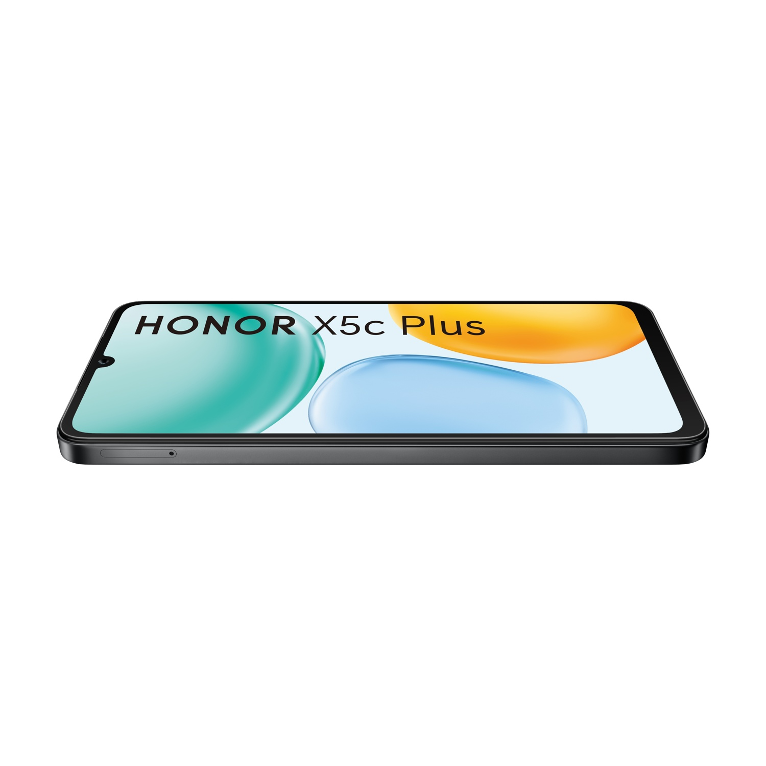 Uno smartphone Honor X5c Plus nero appoggiato orizzontalmente. Lo schermo mostra uno sfondo sfumato con colori turchese, arancione e blu.
