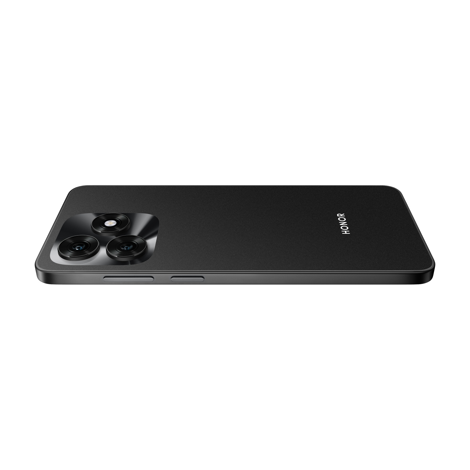 Uno smartphone nero con modulo fotocamera a tre lenti è posizionato in diagonale su sfondo bianco. Il marchio HONOR è sul telefono.