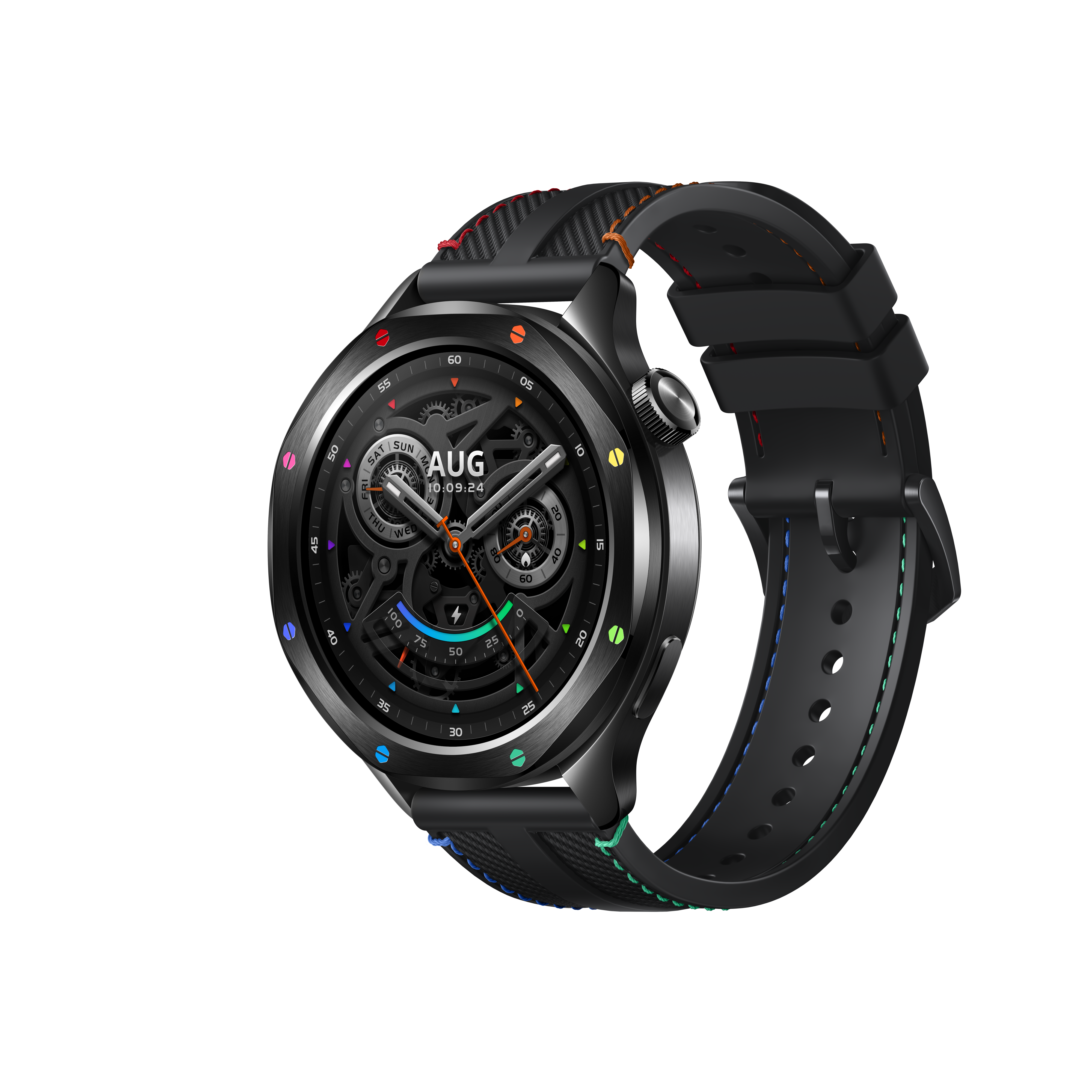 Eine schwarze Smartwatch mit schwarzem Armband, die Datum und Uhrzeit anzeigt. Die Uhr hat farbige Nähte.