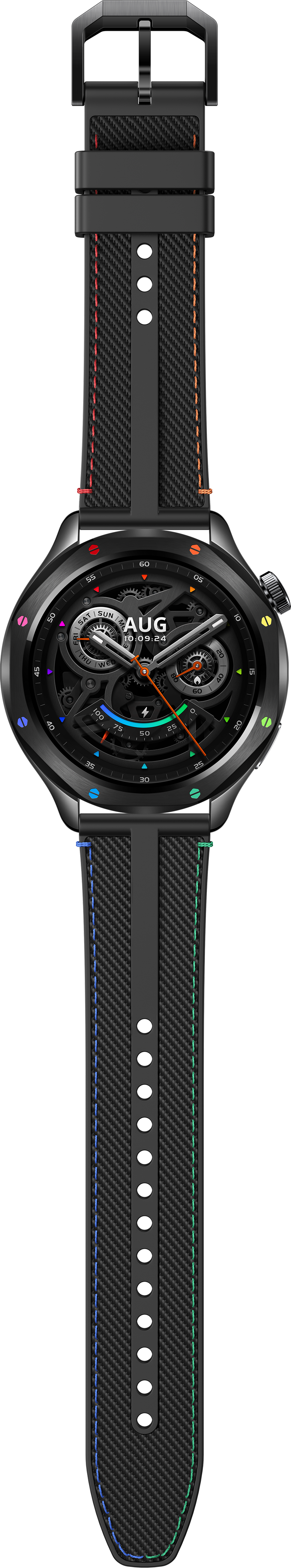 Eine schwarze Smartwatch mit Carbonfaserarmband. Das Zifferblatt zeigt Datum und Uhrzeit. Bunte Nähte akzentuieren das Armband.