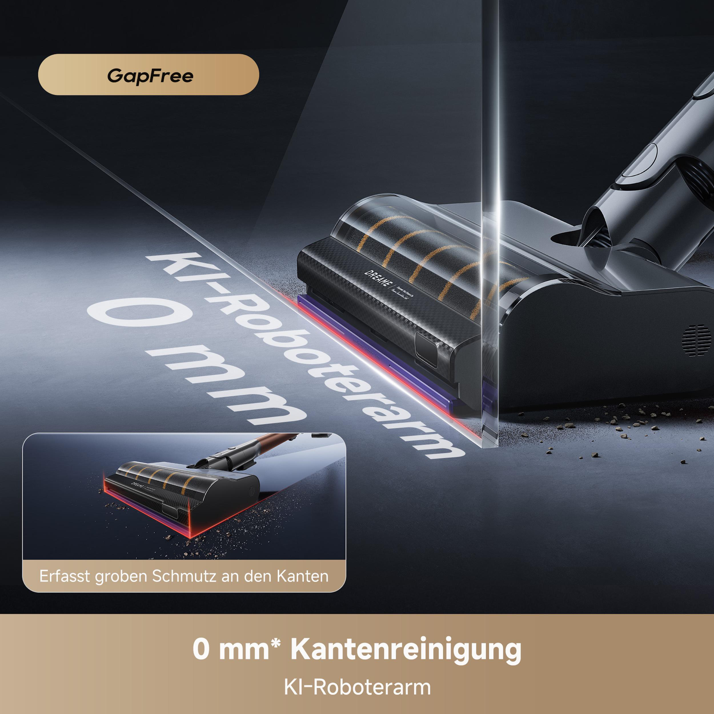 Das Bild zeigt einen Staubsaugerkopf mit dem Text GapFree und 0 mm Kantenreinigung, mit einer Nahaufnahme der Bürste.