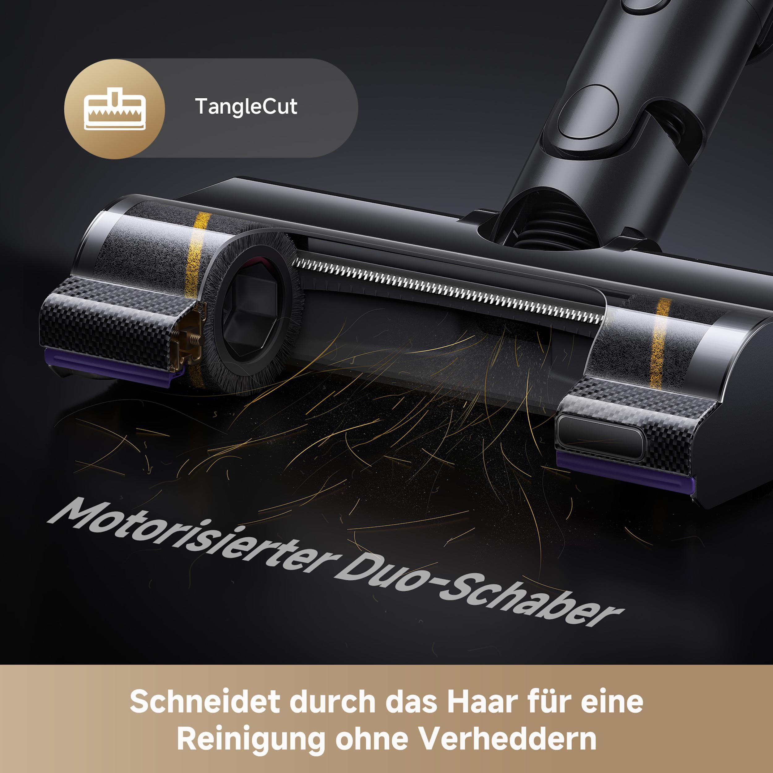 Detail des Staubsaugerkopfes mit Text. Der Kopf hat ein Schneidsystem. Haare sind sichtbar. Text: 'Motorisierter Duo-Schaber'.