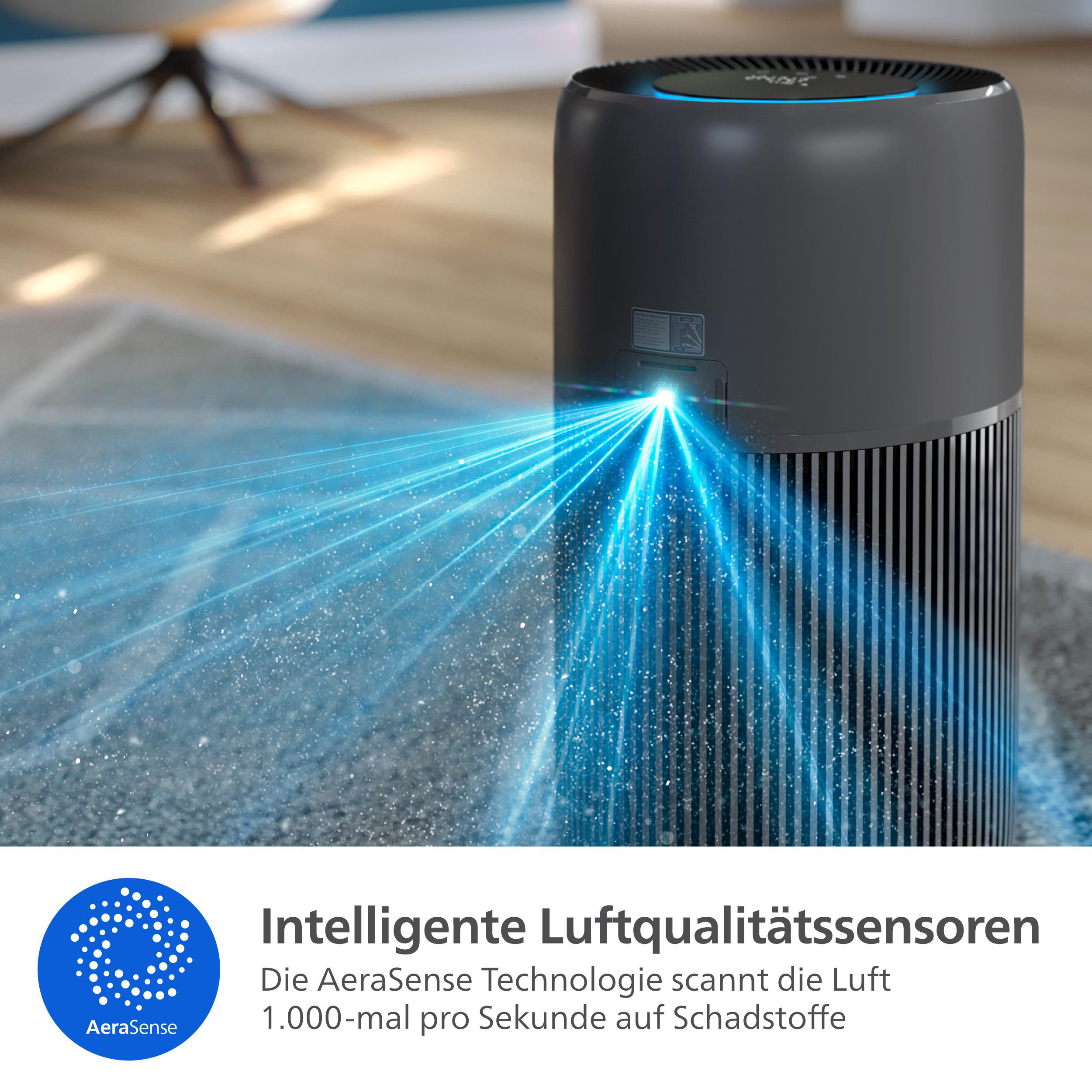 Ein schwarzer Luftreiniger mit blauen Lichtstrahlen. Unten befindet sich ein blaues Logo mit Text.