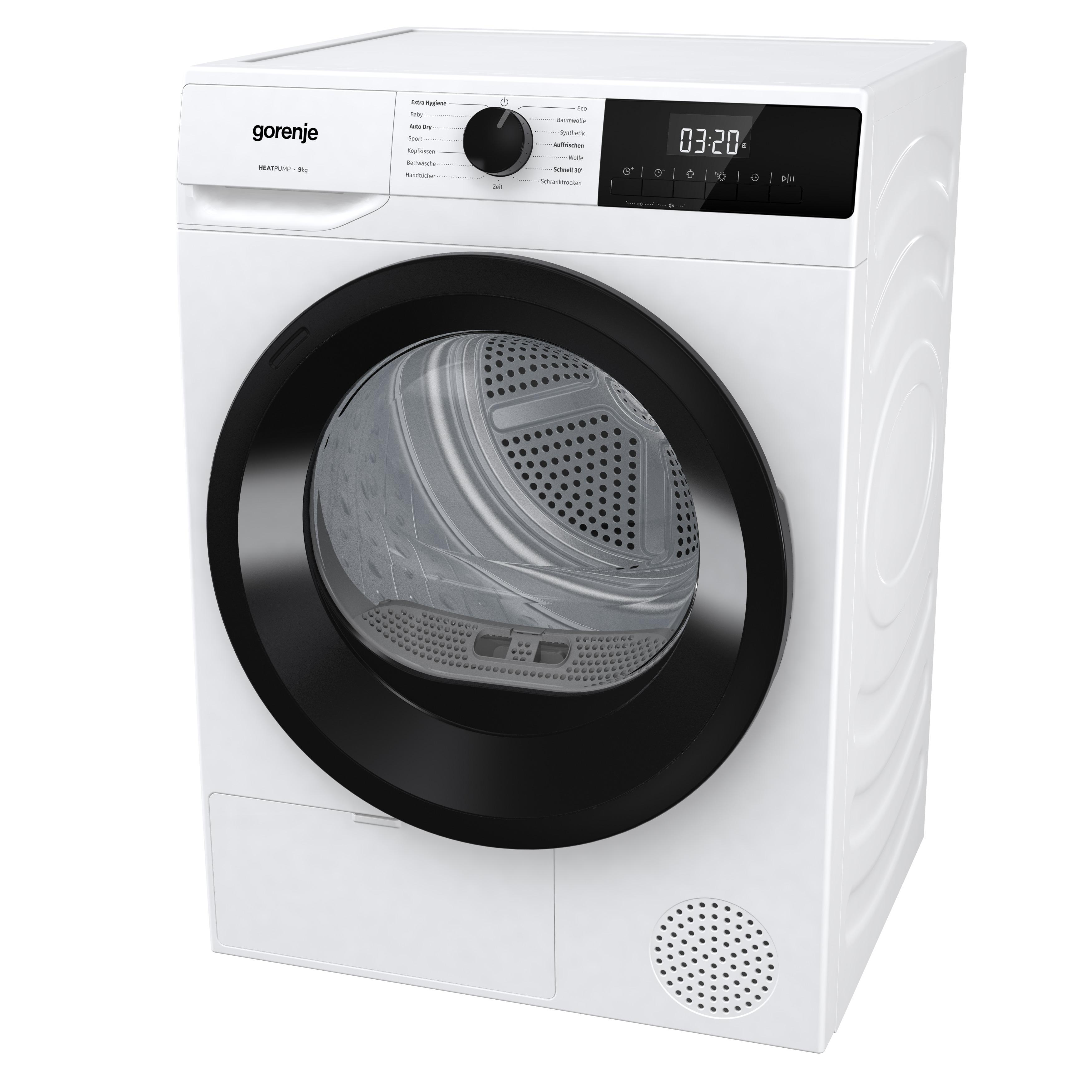 Ein weißer Gorenje-Trockner mit schwarzer Tür. Er hat ein Bedienfeld und eine Digitalanzeige mit der Uhrzeit.