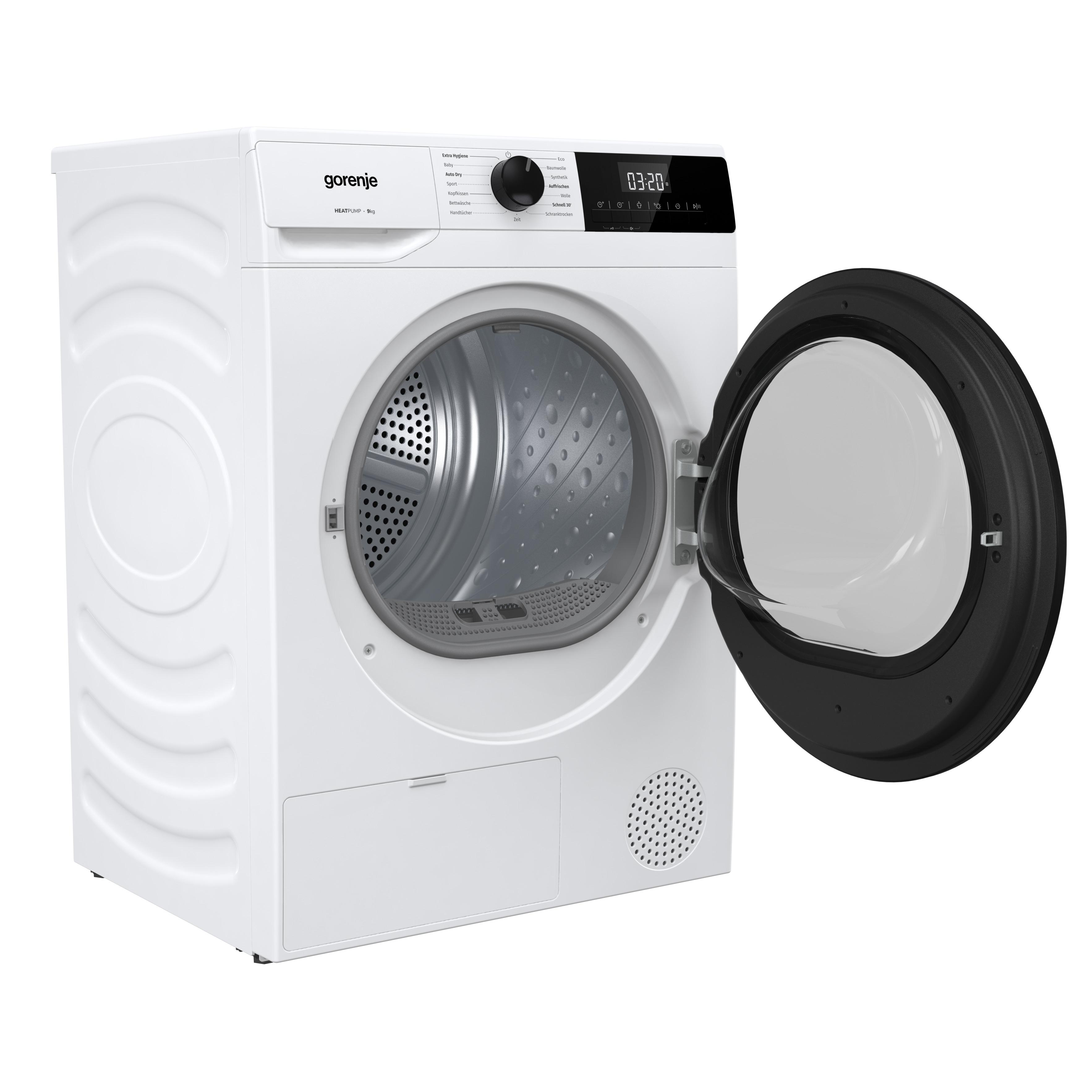 Ein weißer Gorenje-Trockner mit geöffneter Tür. Er hat ein digitales Display und ein Bedienfeld. Die Trommel ist sichtbar.