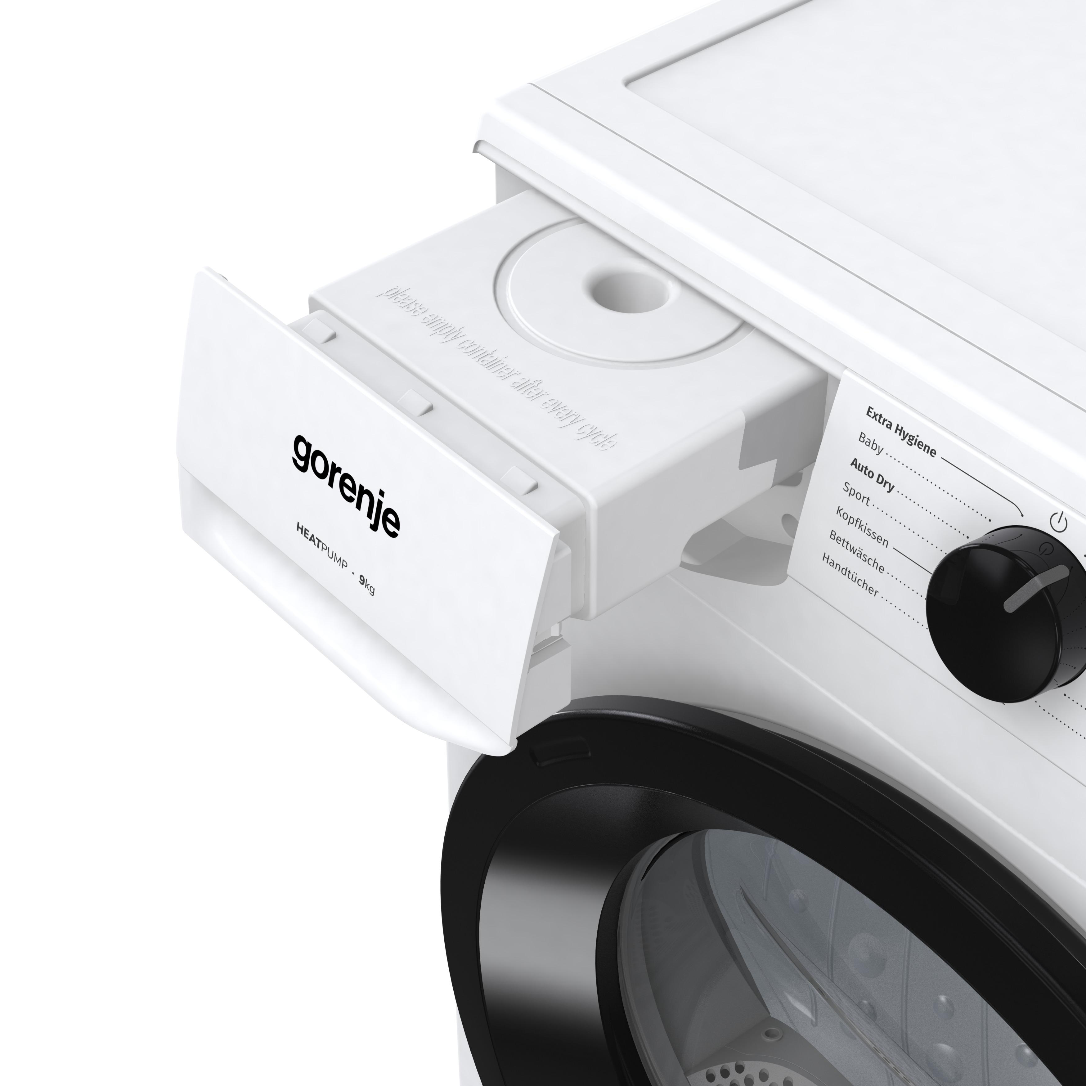 Ein weißer Gorenje-Trockner mit geöffneter Waschmittelschublade. Bedienfeld rechts. Schwarze Tür. Der Text lautet HEATPUMP 9kg.