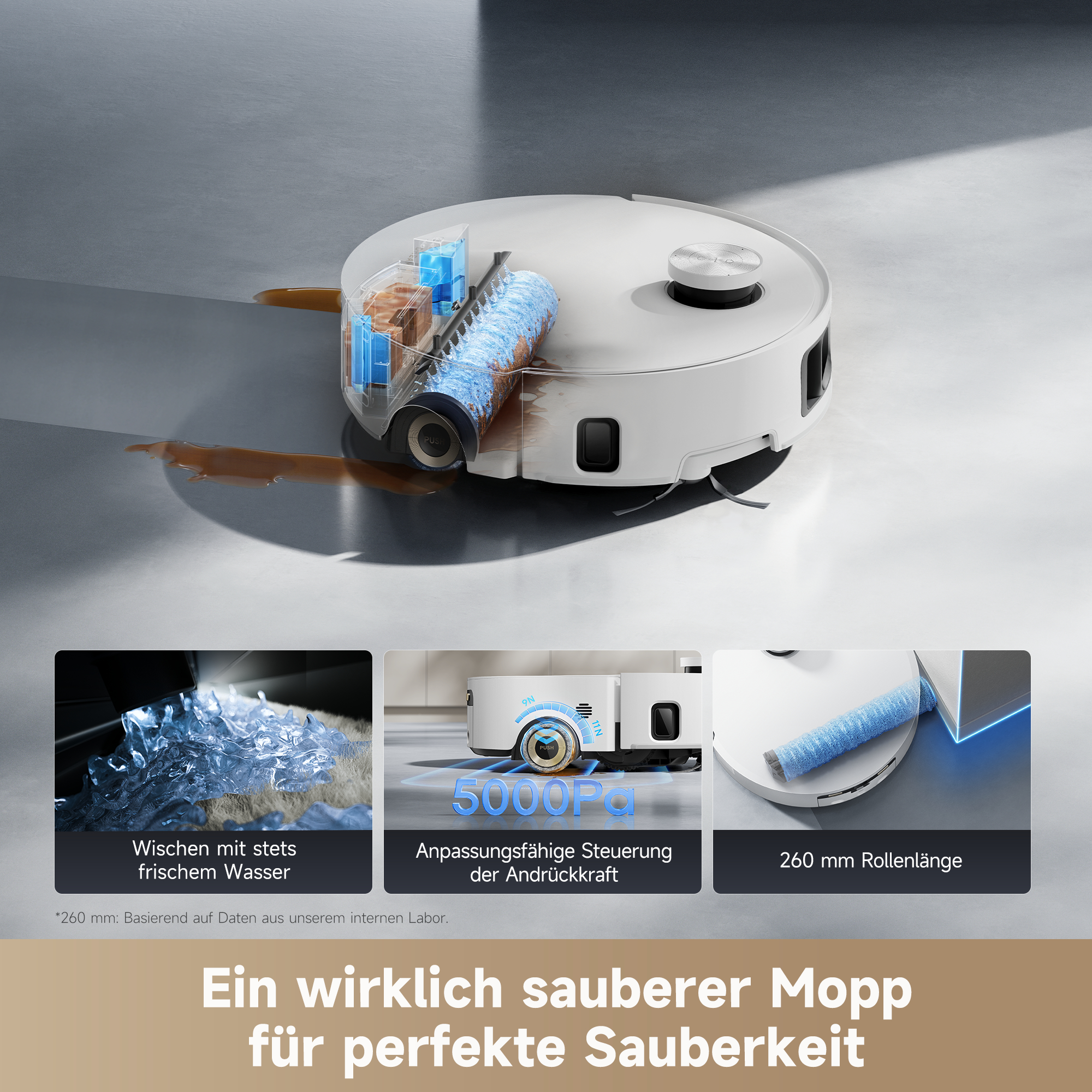 Ein weißer Roboter-Staubsauger mit einem transparenten Abschnitt, der die inneren Komponenten zeigt, wischt den Boden. Details von Wasser und Reinigung.