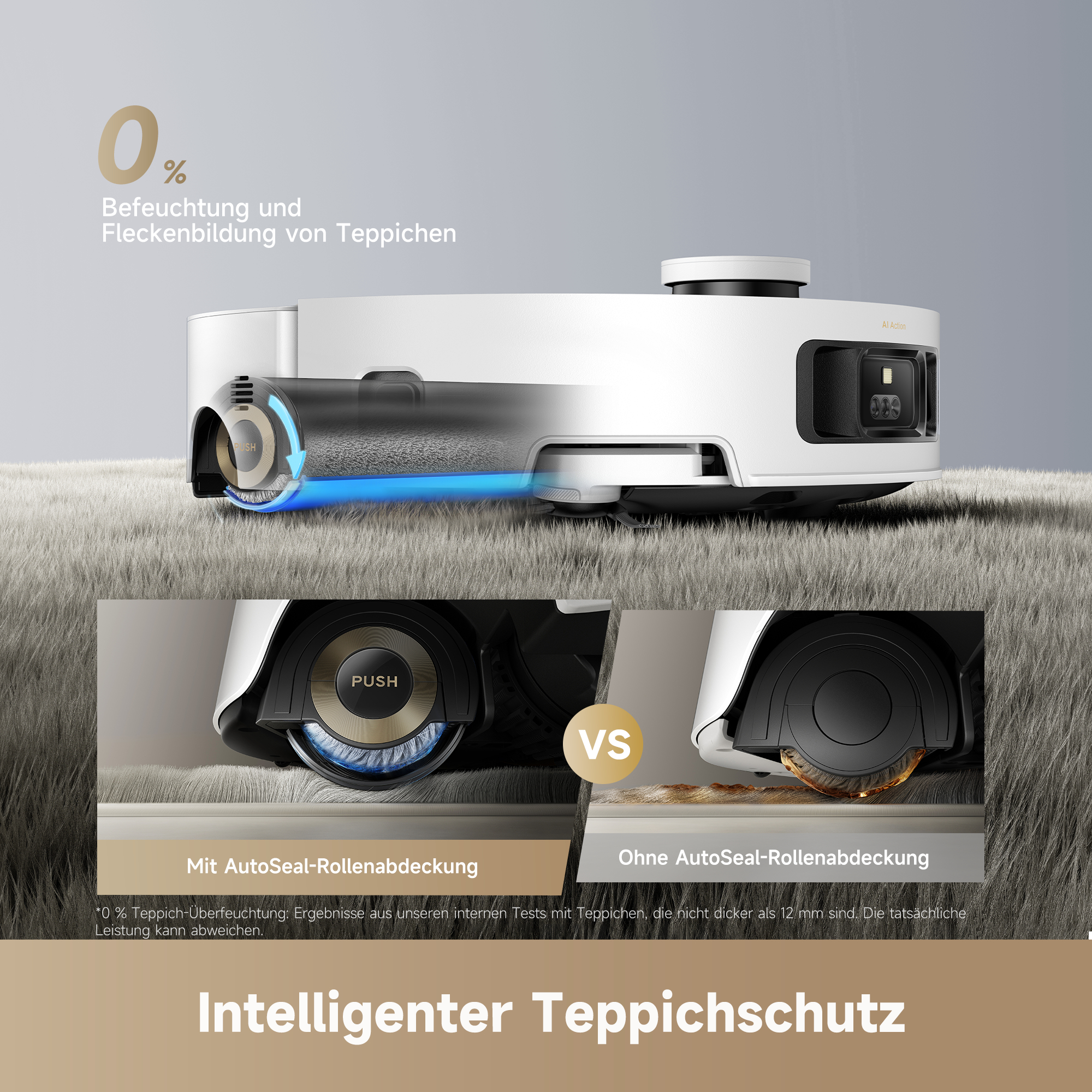Weißer Roboter-Staubsauger auf Teppich, geteilte Ansicht. Zeigt den Unterschied mit und ohne AutoSeal-Rollenabdeckung.