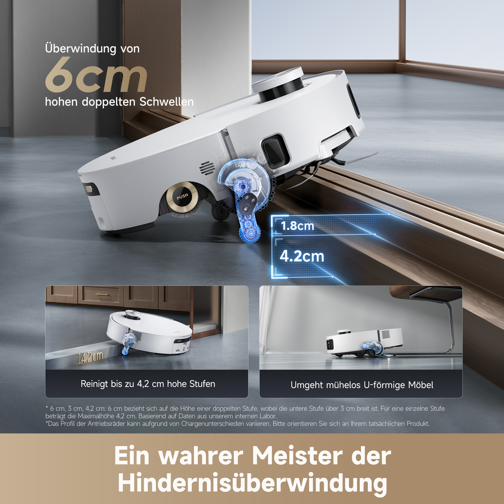 Ein weißer Roboter-Staubsauger überwindet eine Stufe. Text zeigt, dass er Hindernisse bis zu 6 cm, 4,2 cm und 1,8 cm überwindet.