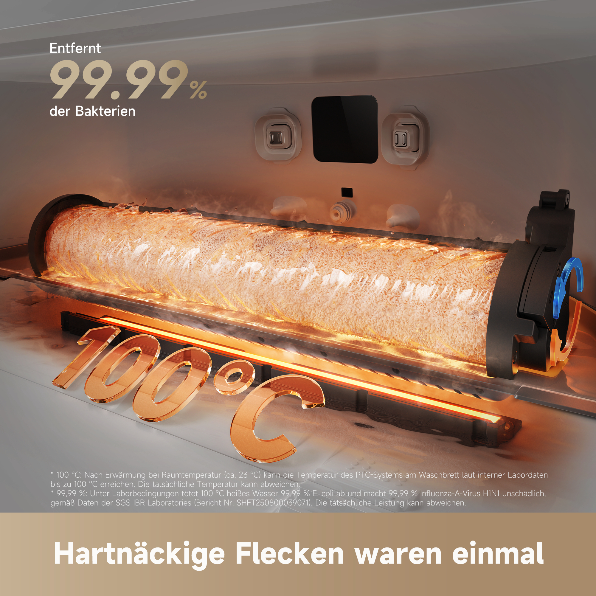 Innenraum eines Geräts mit Heizelement und Dampf, Zahl 100, Text zeigt 99,99% Bakterienentfernung.