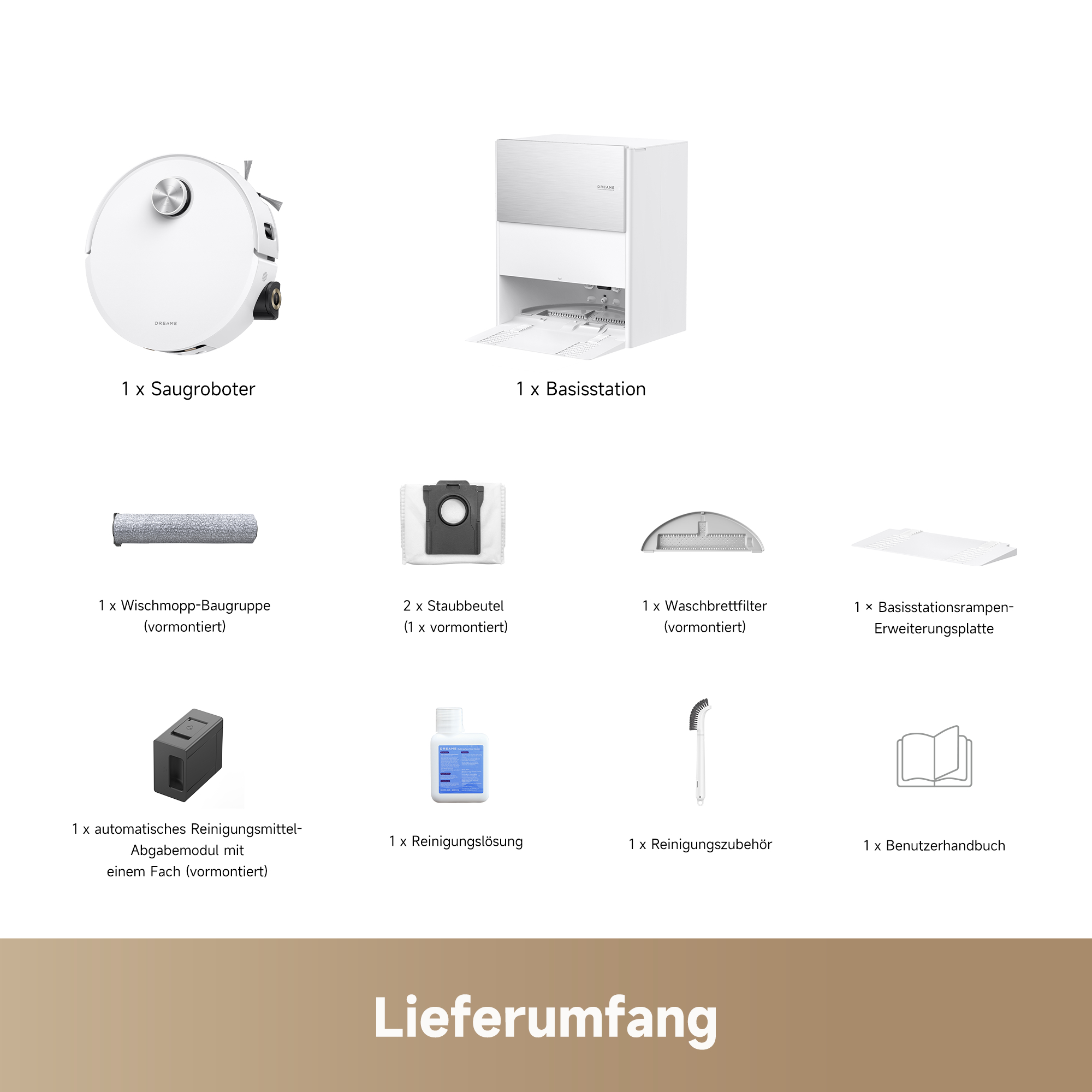 Das Bild zeigt einen weißen Roboterstaubsauger, eine weiße Basisstation und diverses Reinigungszubehör.