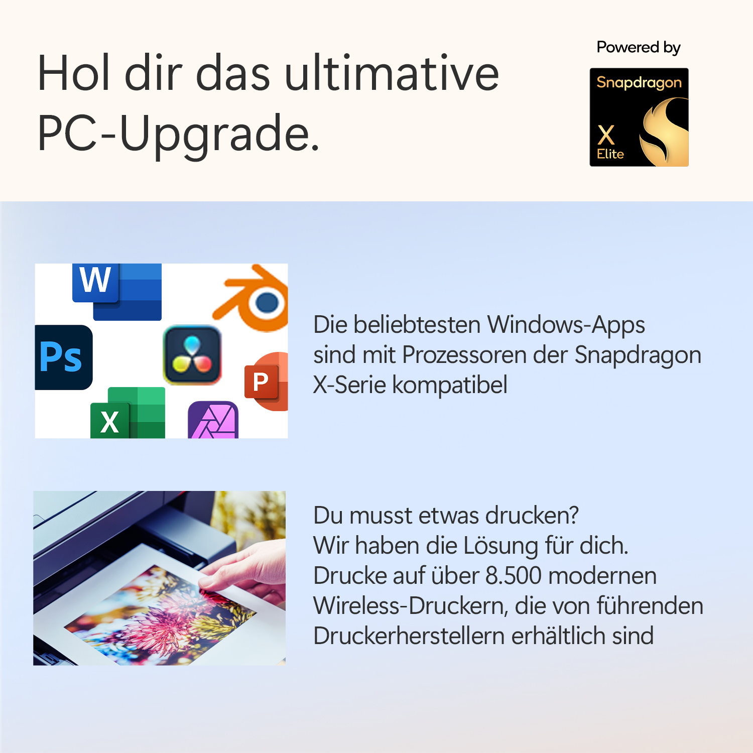 Das Bild bewirbt PC-Upgrades mit Snapdragon. Es werden App-Icons wie Windows, Photoshop und Blender sowie ein Drucker gezeigt.