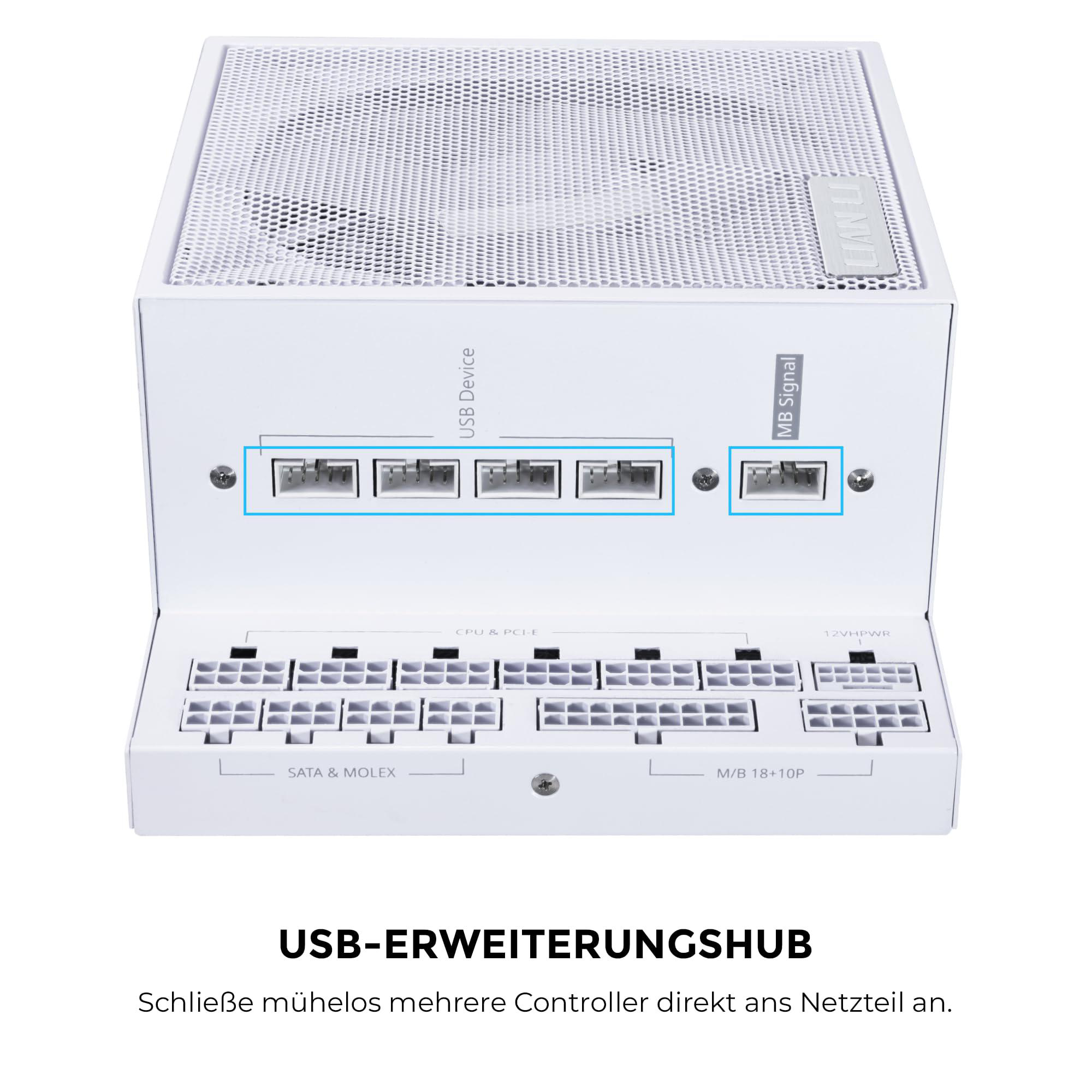 Weißer USB-Erweiterungs-Hub mit mehreren Anschlüssen. Beschriftungen: USB-Gerät, MB-Signal, CPU & PCI-E, SATA & MOLEX und M/B 18+10P.
