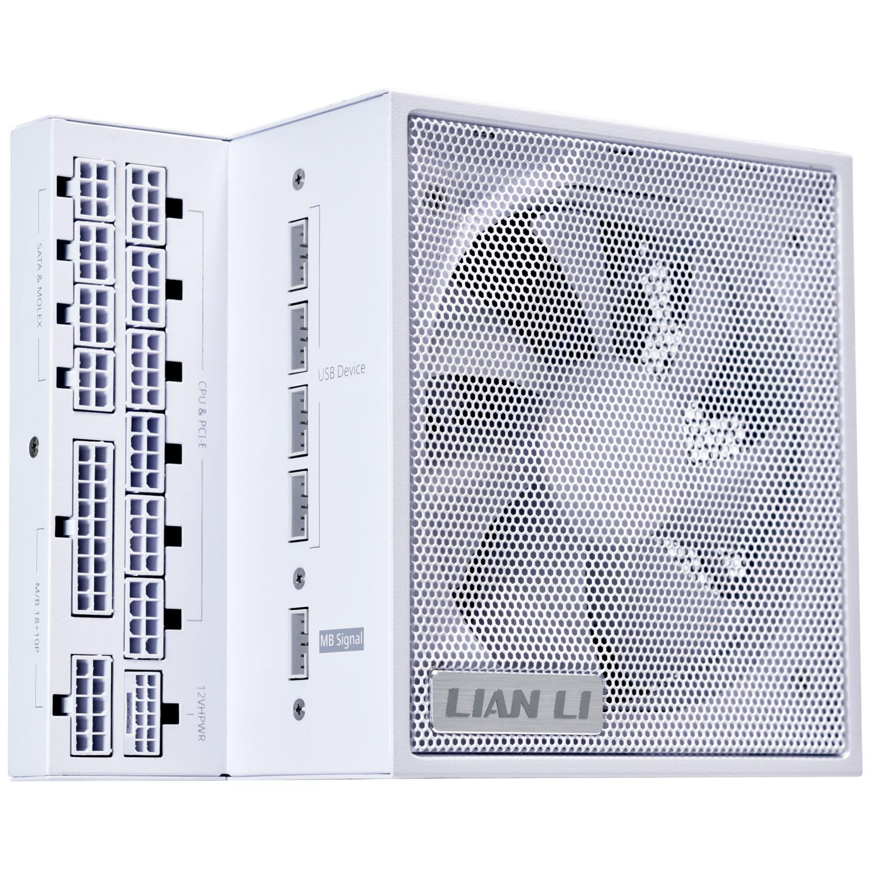Ein weißes Computer-Netzteil mit mehreren Anschlüssen. Die Vorderseite hat ein Mesh-Design und den Markennamen 'LIAN LI'.