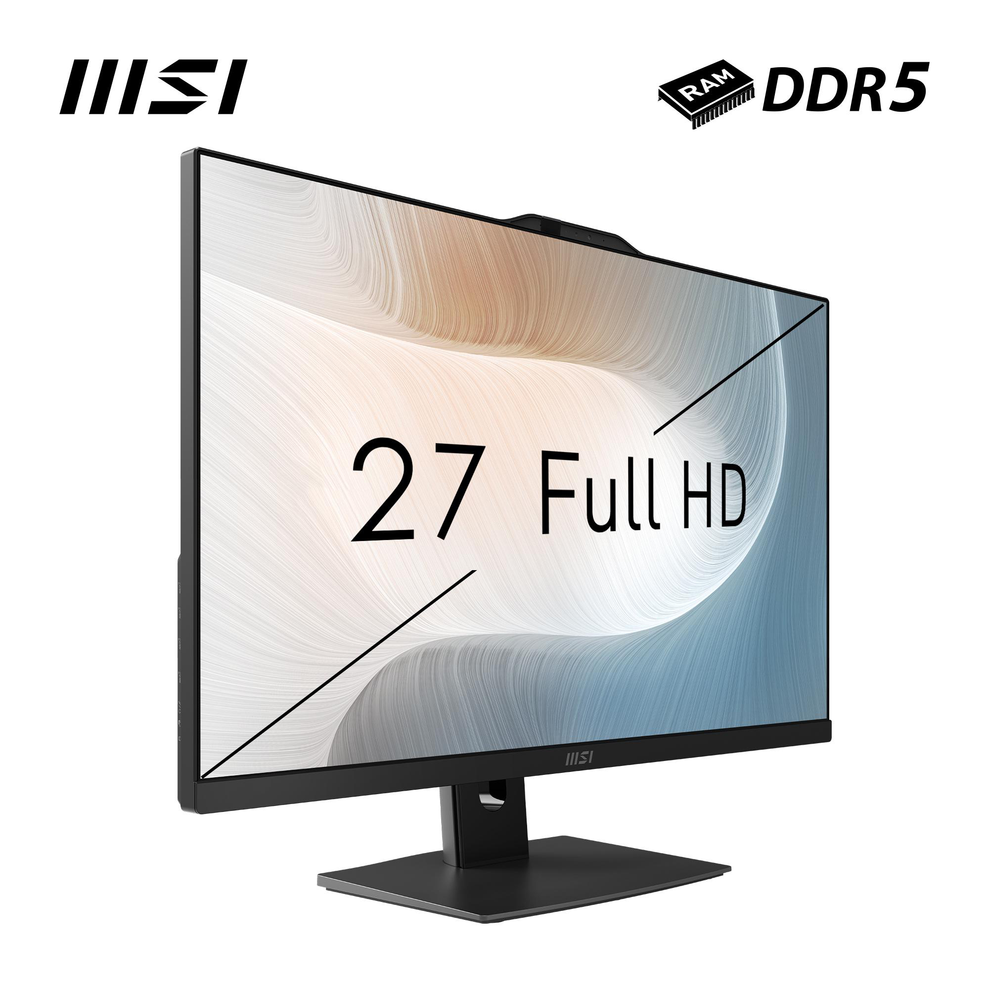 MSI 27-Zoll Full HD Monitor. Schwarzer Rahmen, schwarzer Standfuß. Text: 27 Full HD. DDR5 RAM Logo. Weiß-grauer Hintergrund.