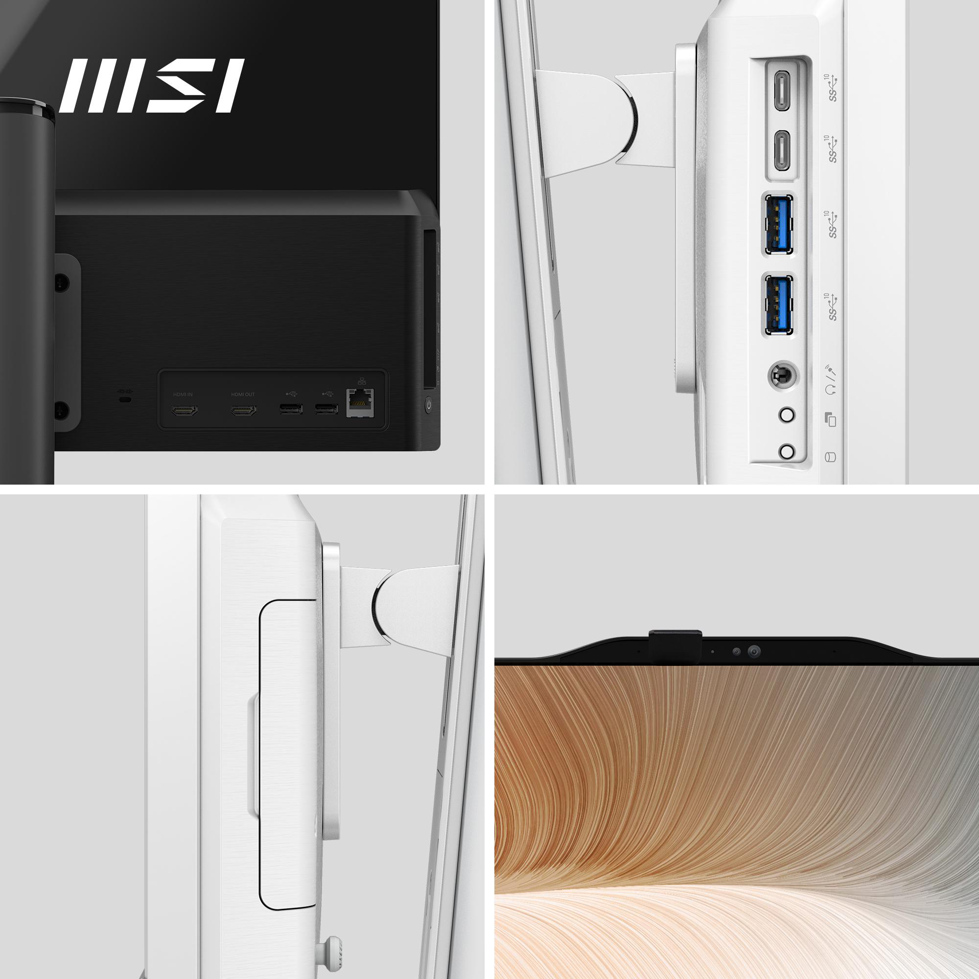Nahaufnahme eines Monitors mit Anschlüssen, USB und einer Webcam. Der Bildschirm hat ein geschwungenes, abstraktes Design in Beige- und Weißtönen.
