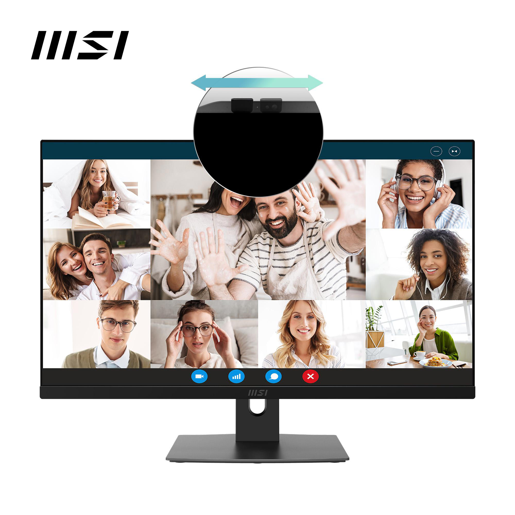 MSI-Monitor mit Videoanruf-Oberfläche, die verschiedene Personen zeigt. Oben befindet sich eine Webcam. Der Monitor ist schwarz.