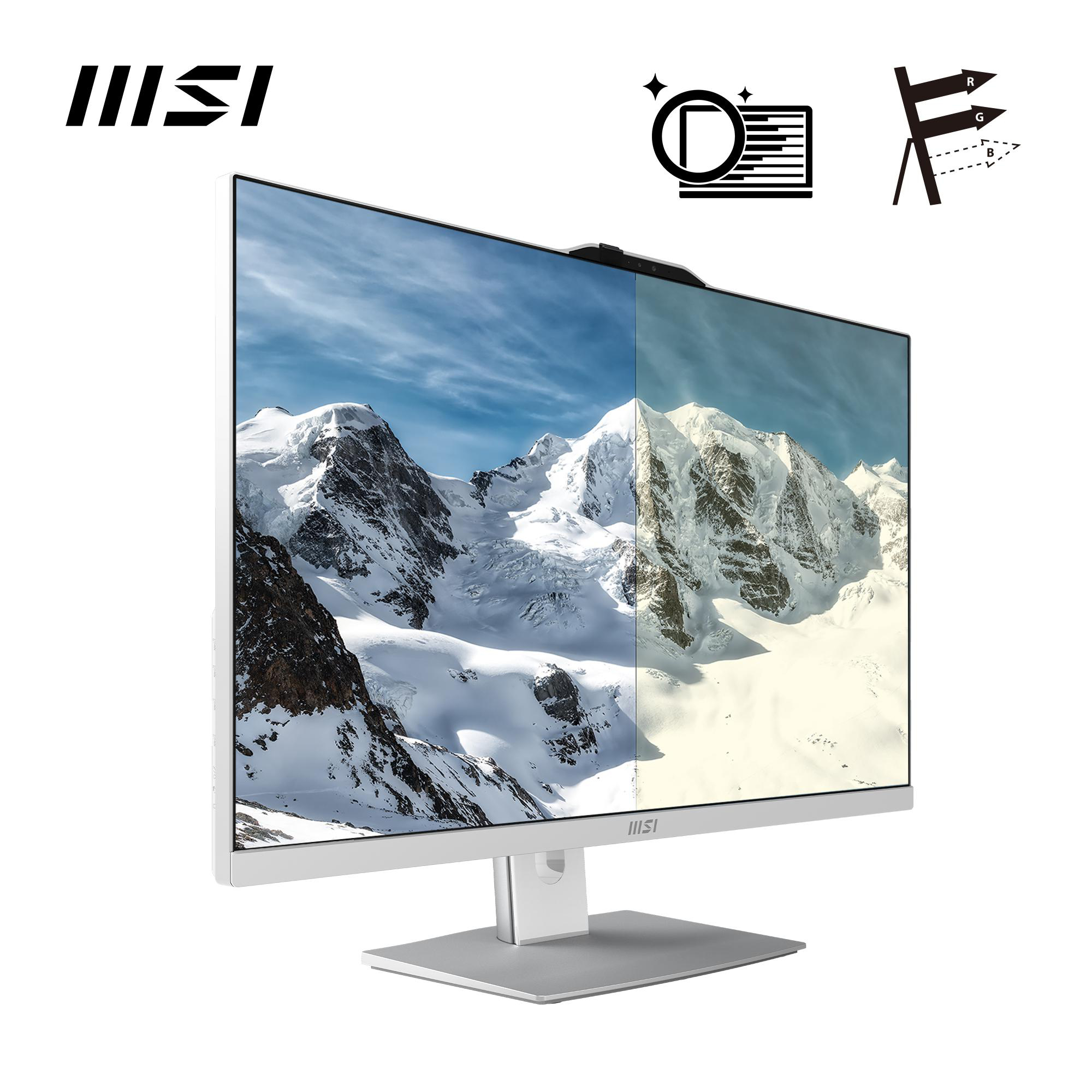 Weißer MSI-Monitor zeigt eine verschneite Berglandschaft mit Symbolen. Der Monitor steht auf einer grauen Basis.