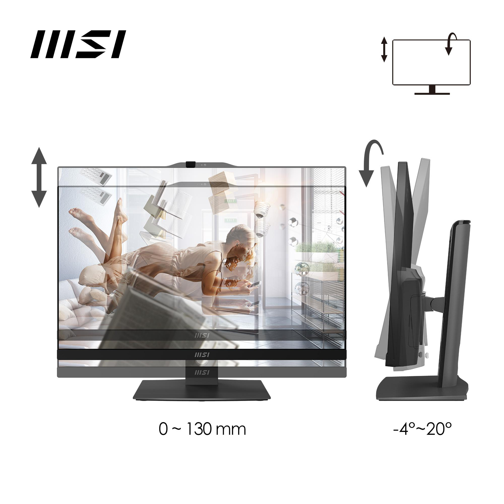 Ein MSI-Monitor mit verstellbarer Höhe und Neigung. Er zeigt eine Frau in einer Büroumgebung. Der Neigungsbereich beträgt -4° bis 20°.