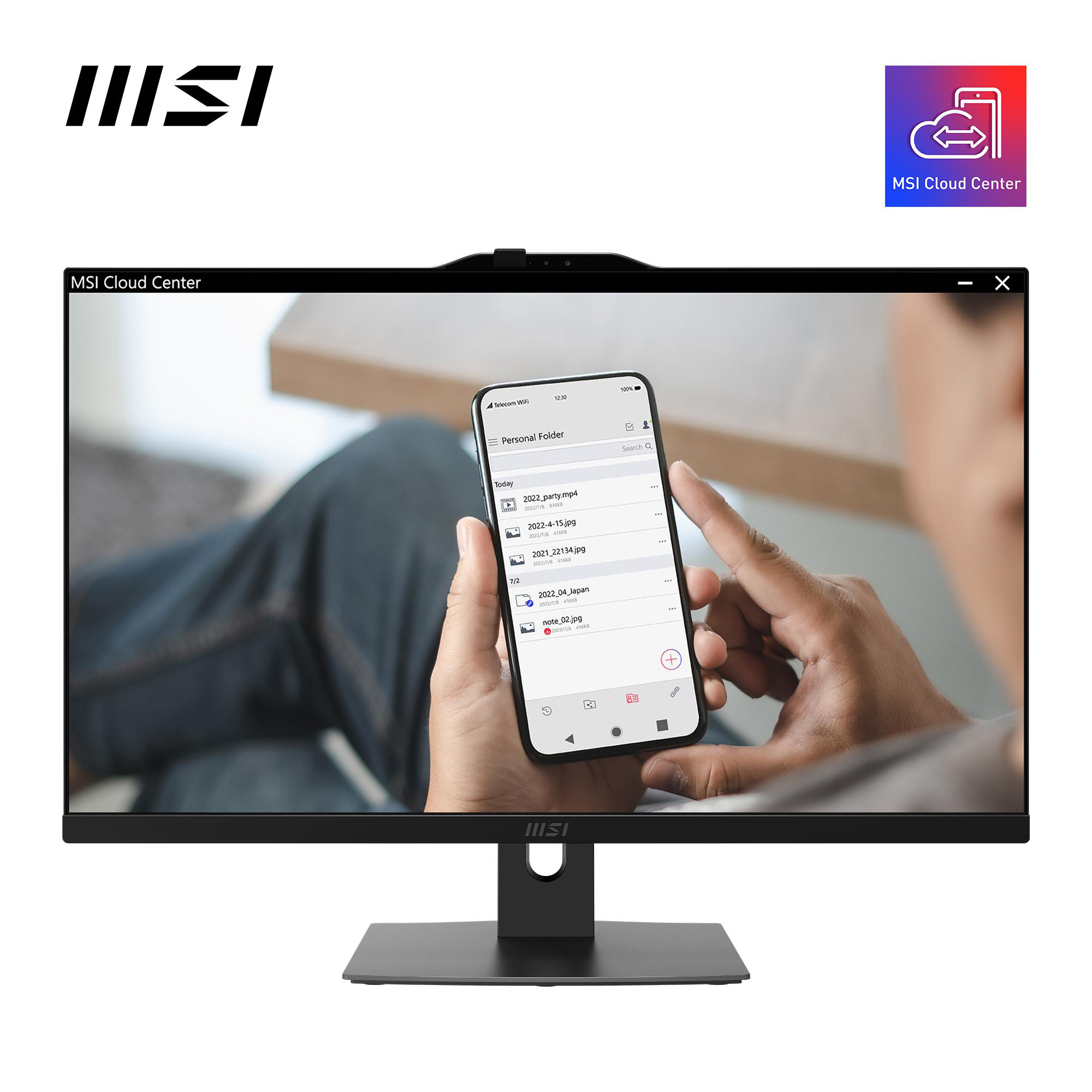 Ein Monitor zeigt eine Telefonschnittstelle. Eine Hand hält das Telefon mit Dateien. MSI-Logo auf dem Monitor.