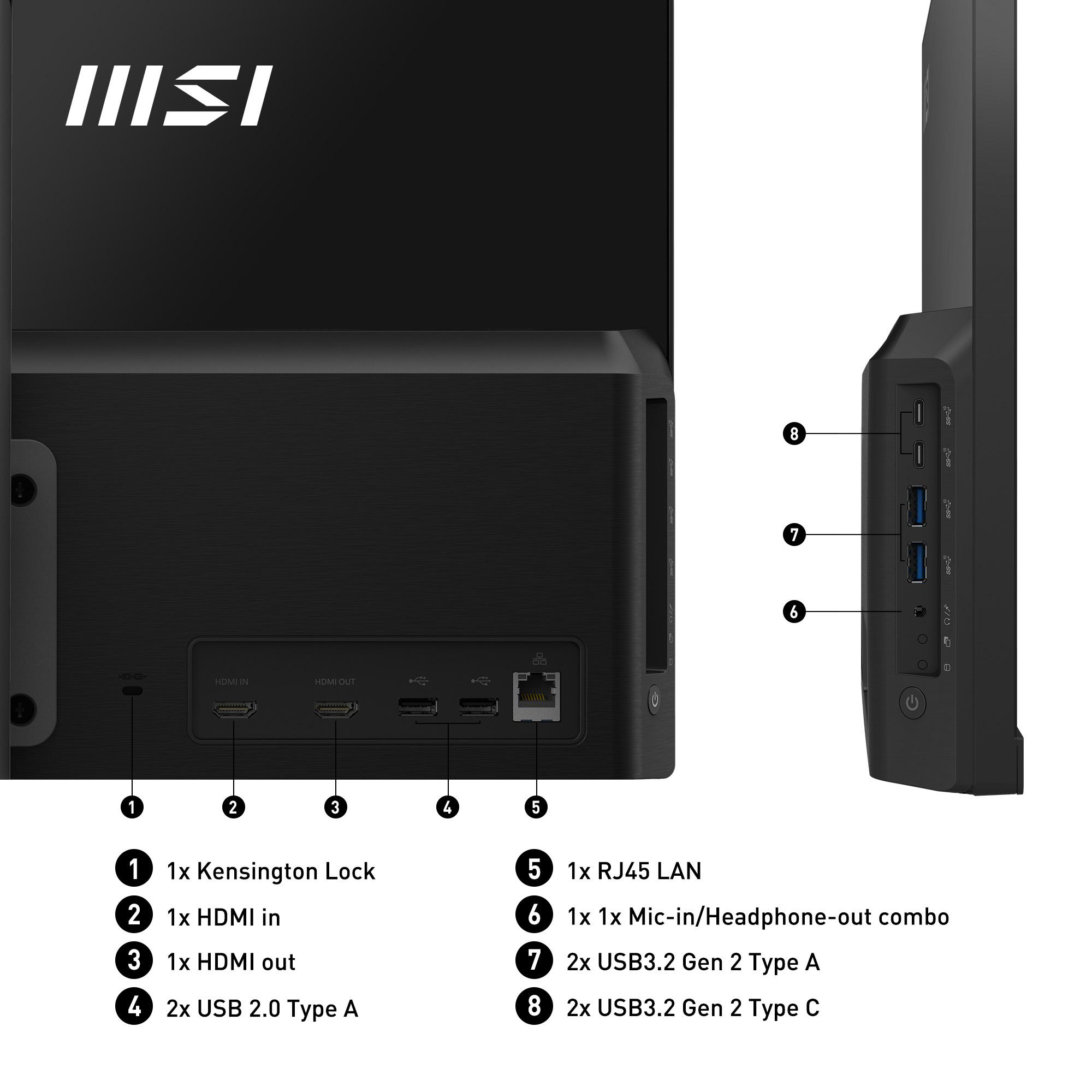 Schwarzer Computer mit beschrifteten Anschlüssen. Enthält HDMI-, USB- und LAN-Anschlüsse. Das MSI-Logo ist sichtbar.