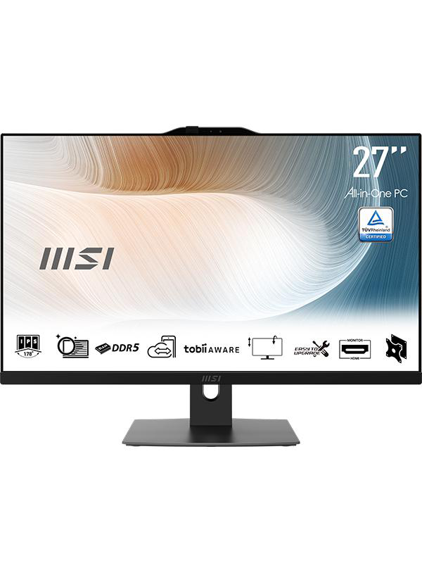 Ein 27-Zoll-All-in-One-PC von MSI. Zu den Merkmalen gehören DDR5, Tobii Aware und Easy to Upgrade. Er hat einen schwarzen Ständer.