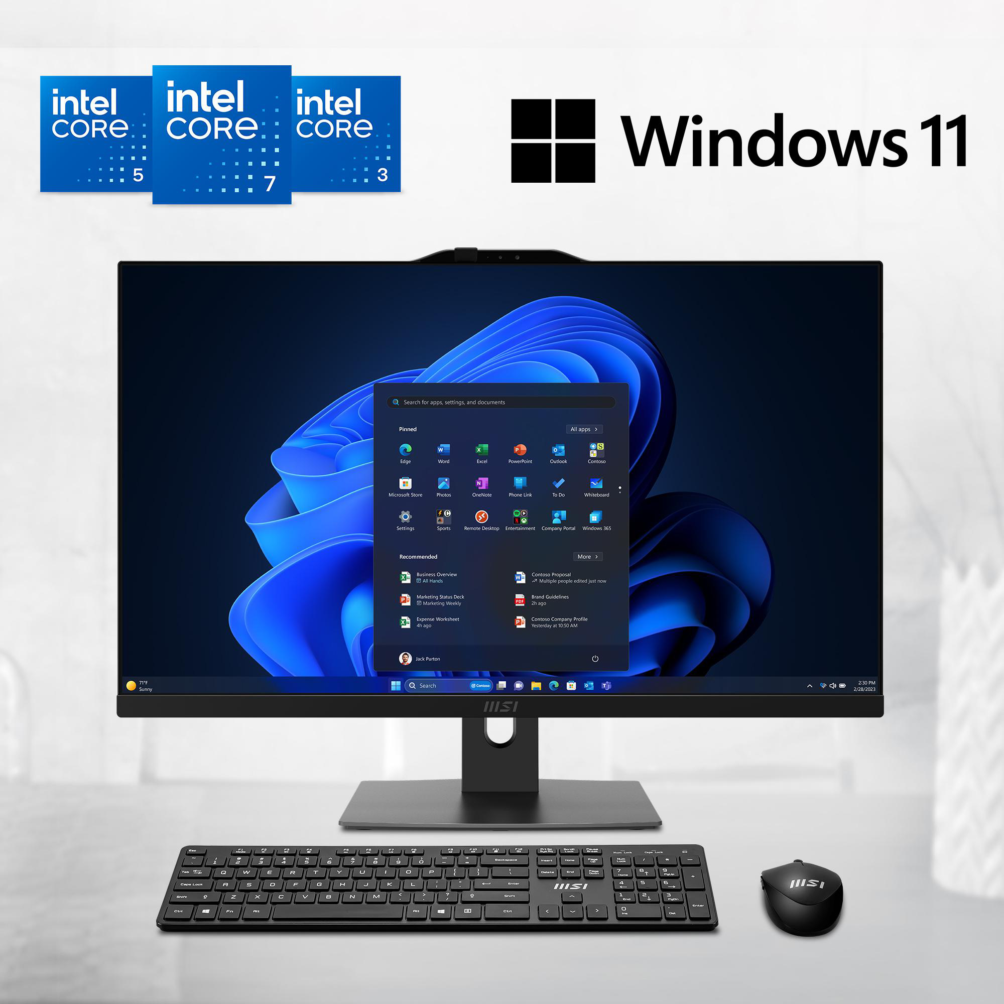 Ein Computer-Setup mit einem MSI-Monitor, einer Tastatur und einer Maus. Der Bildschirm zeigt die Windows 11-Oberfläche.