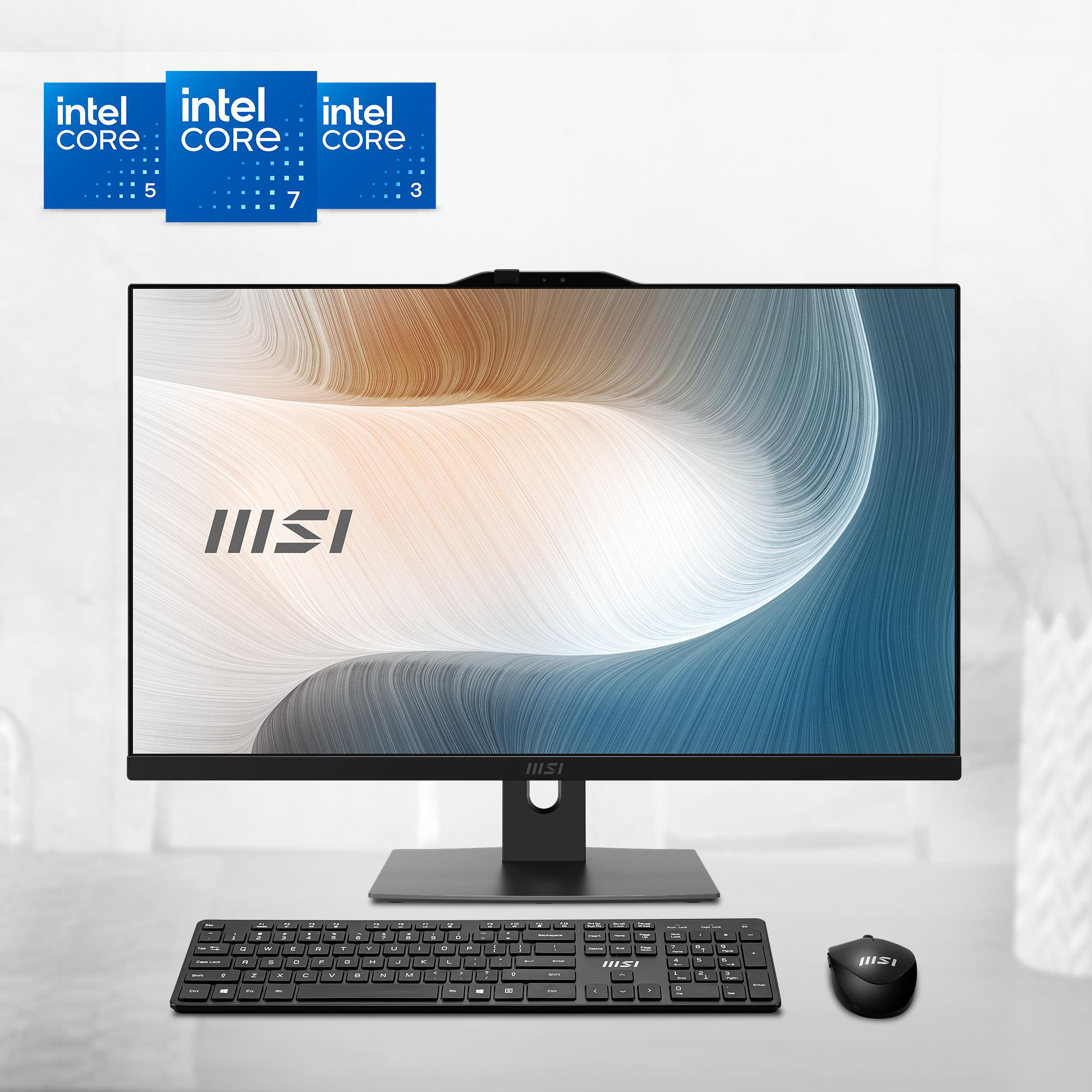 Ein MSI All-in-One-PC mit Tastatur und Maus. Intel Core Logos sind sichtbar. Der Bildschirm zeigt ein abstraktes Design.