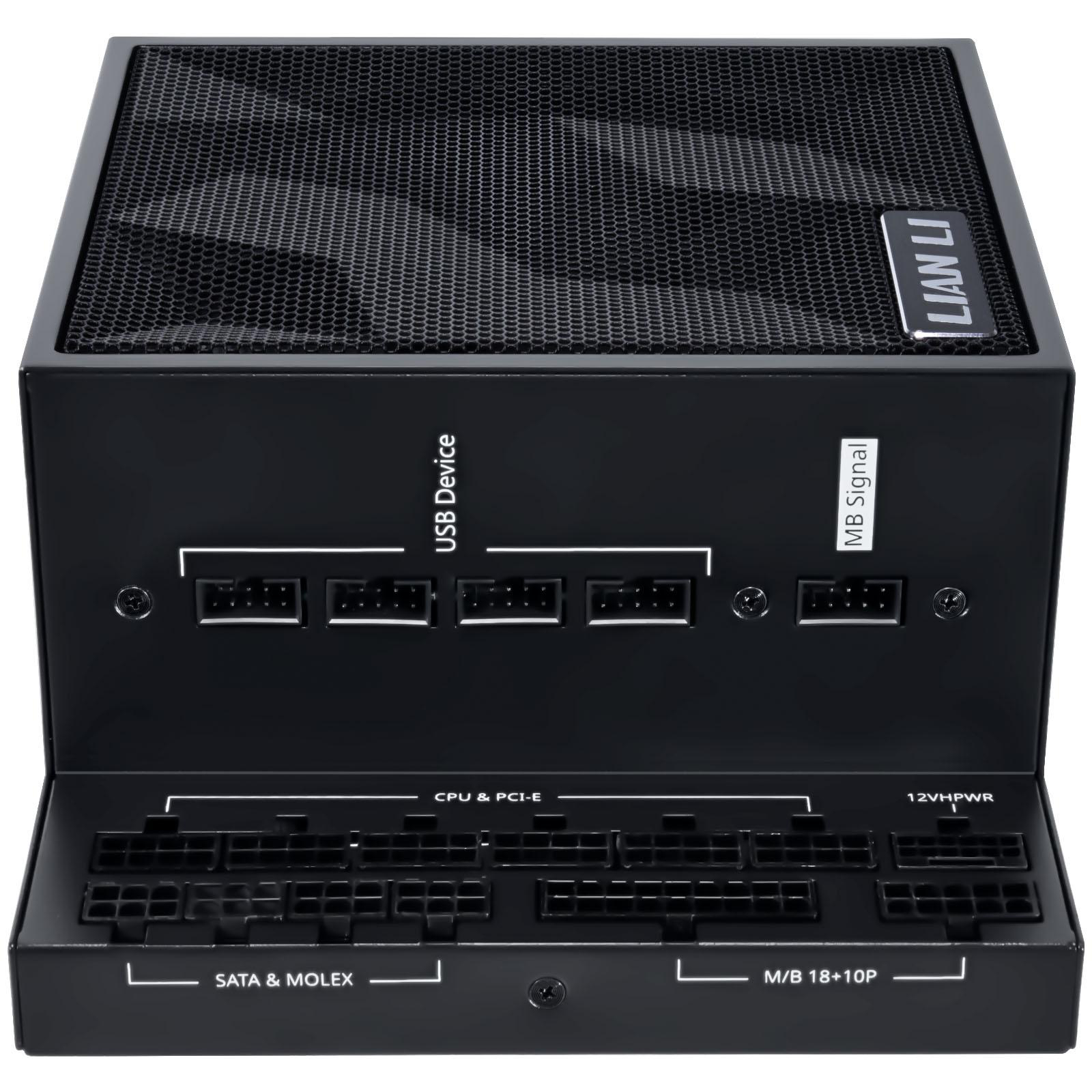 Schwarzes Computer-Netzteil. Hat Anschlüsse mit der Bezeichnung: SATA & MOLEX, CPU & PCI-E, USB-Gerät, MB-Signal und 12VHPWR. Die Oberseite ist ein Netz.