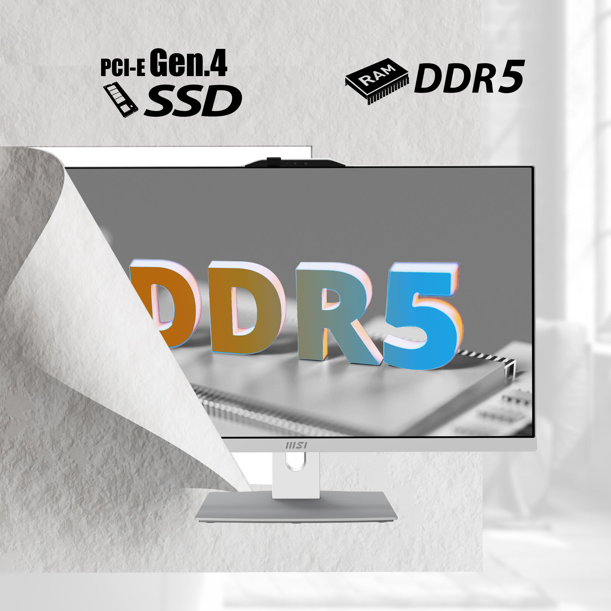 Ein Computermonitor zeigt 'DDR5'. Oben stehen 'PCI-E Gen 4 SSD' und 'RAM DDR5'. Der Hintergrund ist weiß strukturiert.