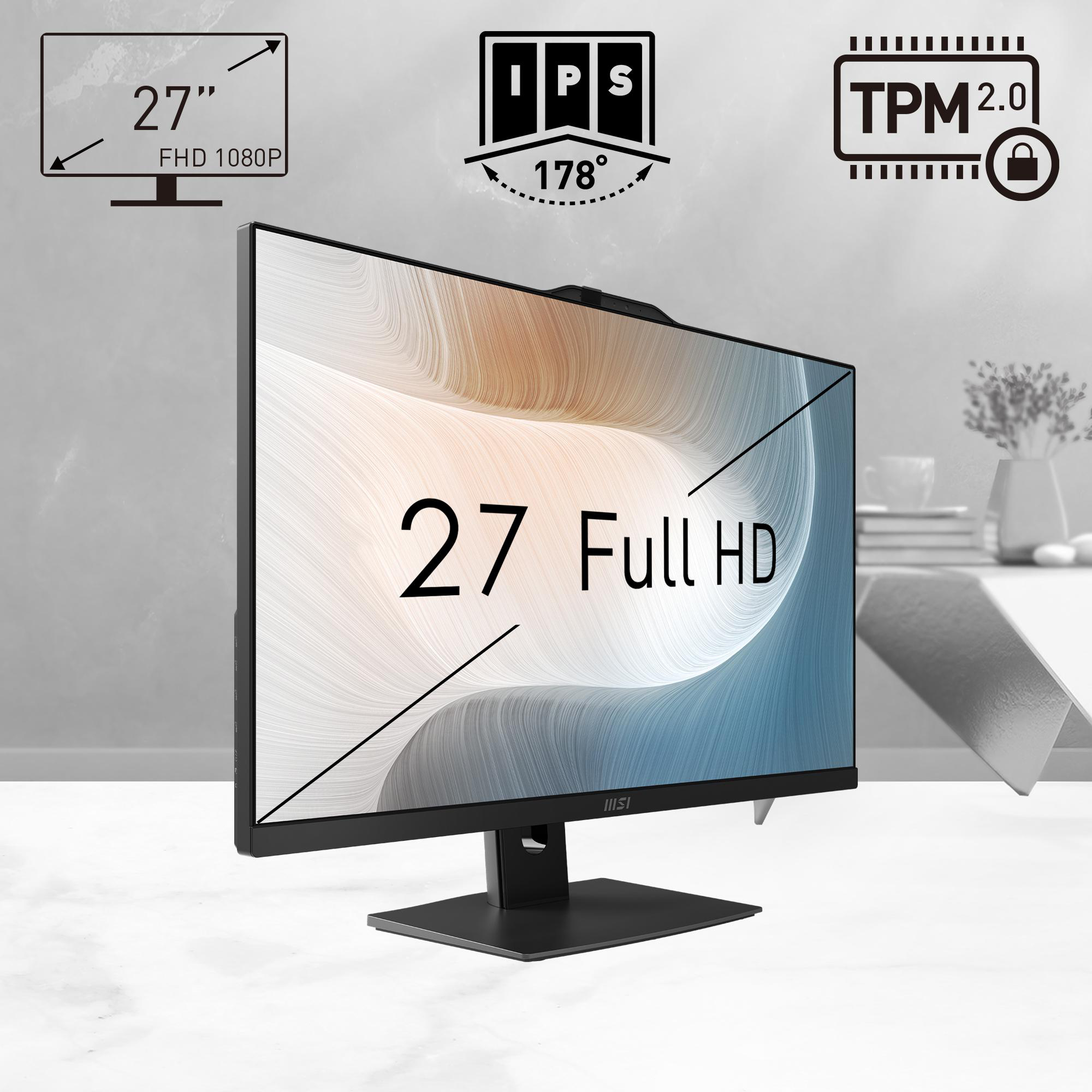 Ein 27-Zoll-Full-HD-Monitor mit IPS, 178° Betrachtungswinkel und TPM 2.0 Sicherheitsfunktionen. Er hat einen schwarzen Ständer.