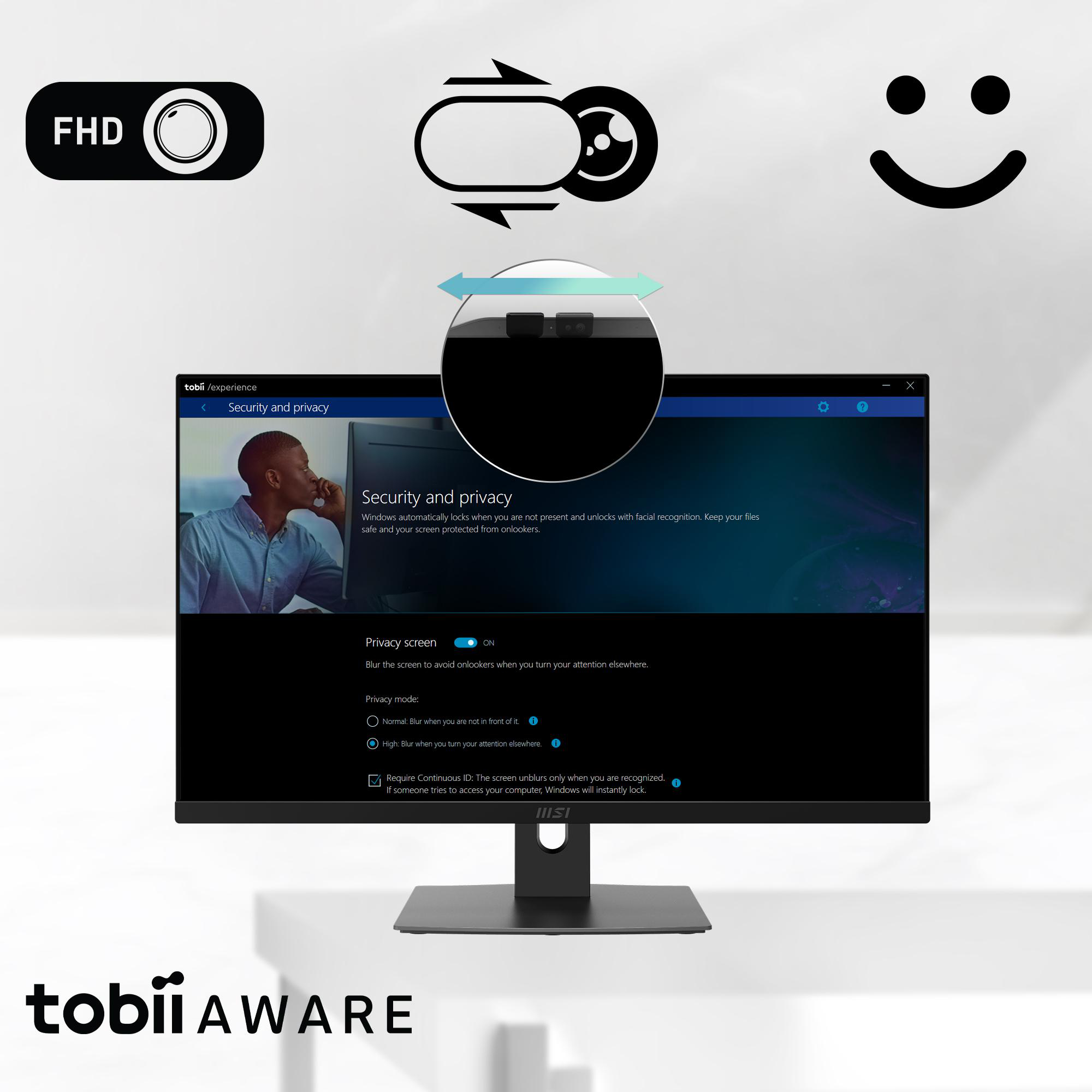 Monitor mit Sicherheitseinstellungen, schwarzem Bildschirm und Text. Der Monitor hat eine eingebaute Kamera.
