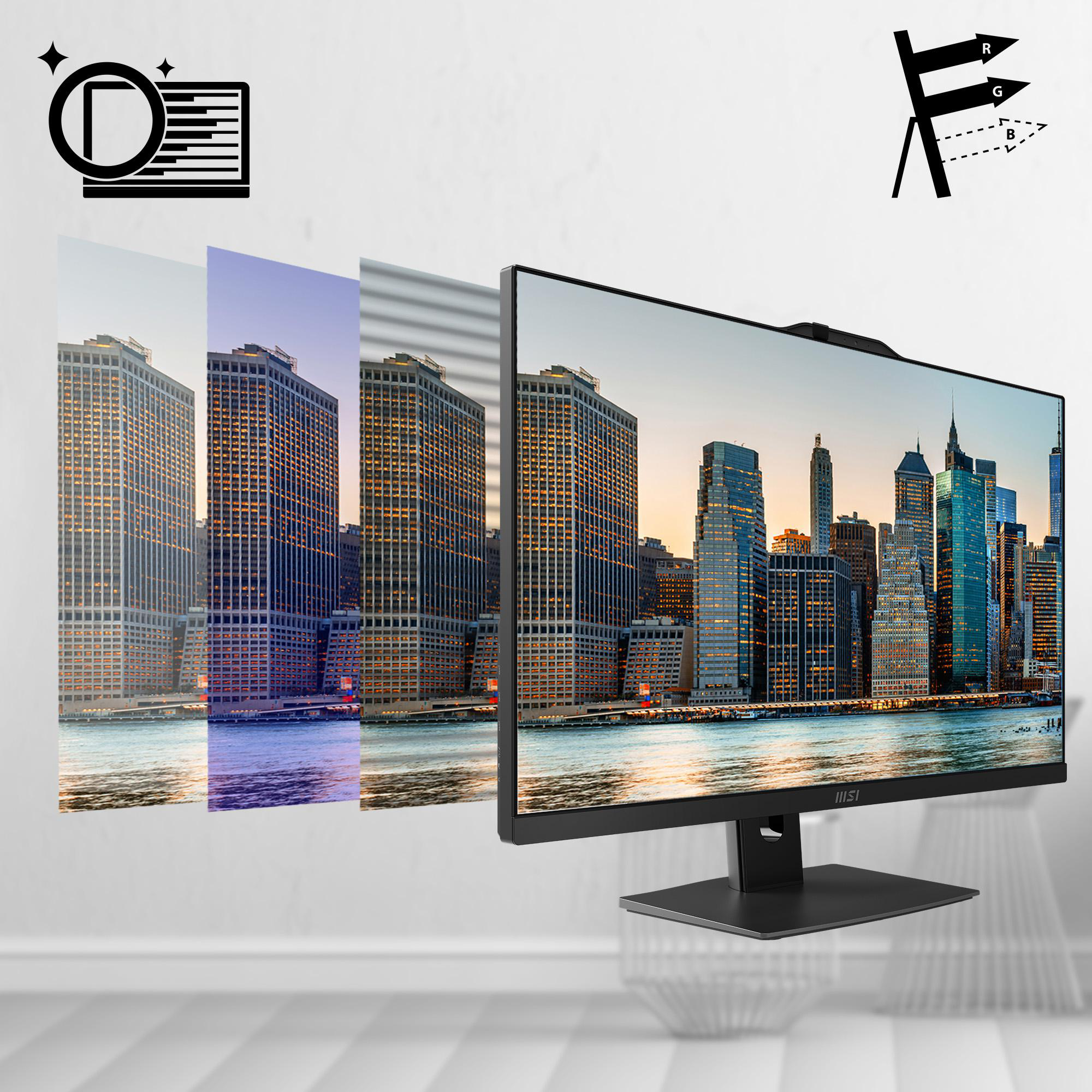 MSI-Monitor zeigt Skyline mit verschiedenen Farbeinstellungen. Symbole und Stuhl im Hintergrund.