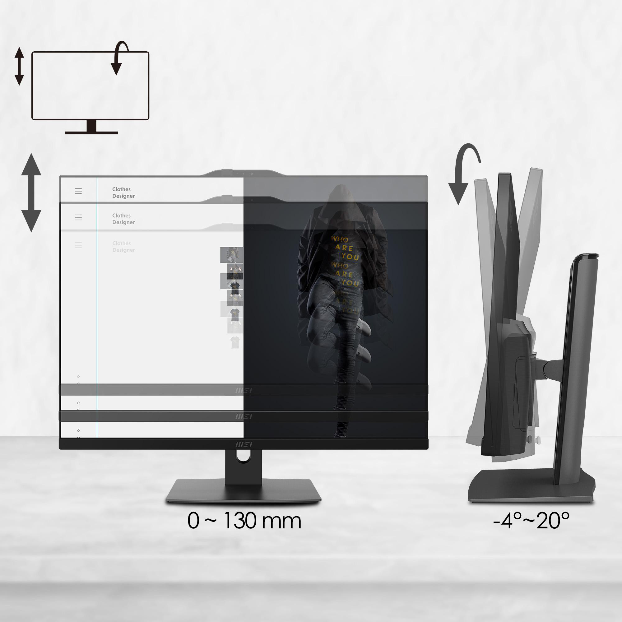 Monitor mit höhen- und neigungsverstellbarer Funktion. Der Bildschirm zeigt Kleiderdesigns und eine Person mit Text 'WER BIST DU'.