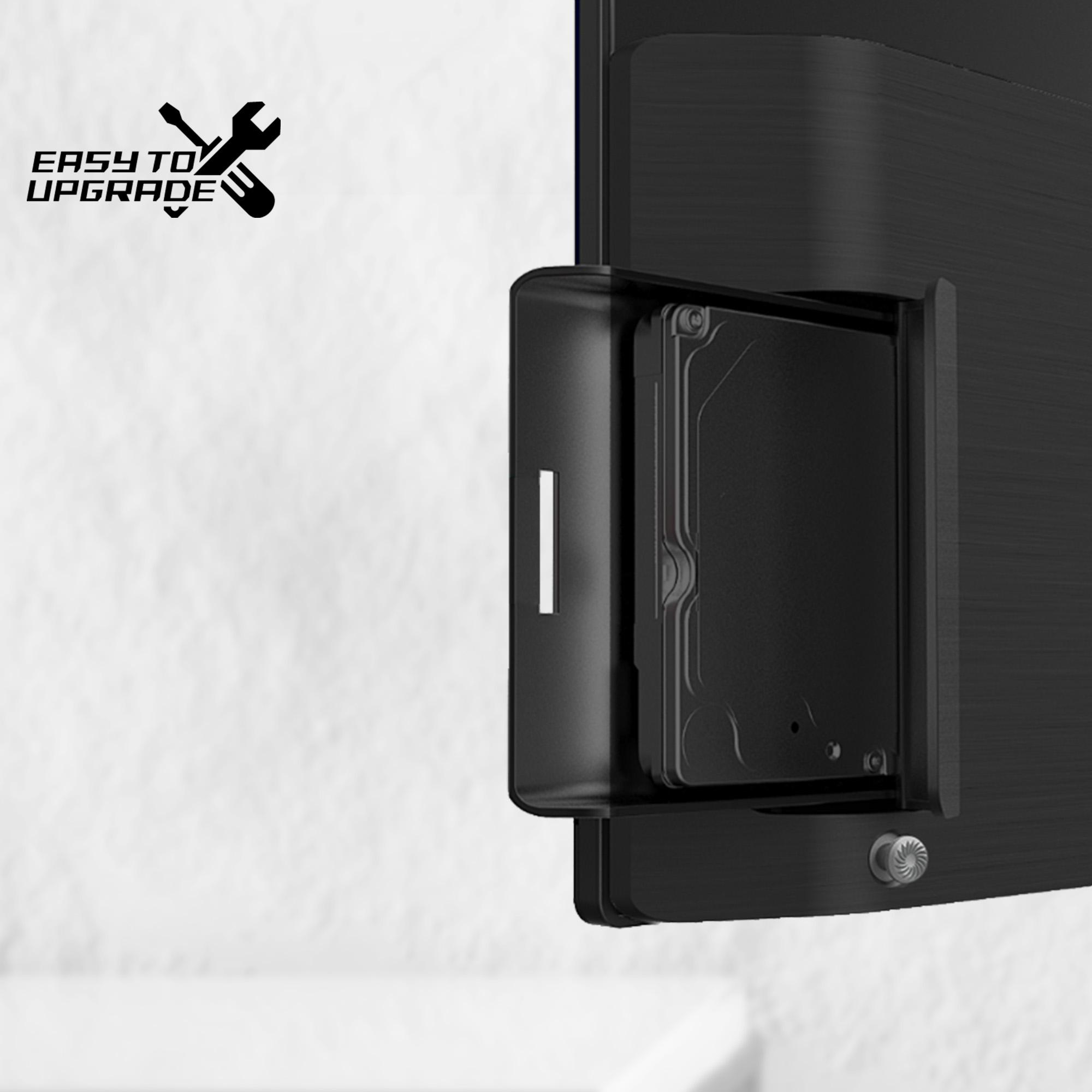 Schwarzes Festplattengehäuse mit Festplatte, neben einer weißen Wand. Der Text 'Easy to upgrade' steht links.